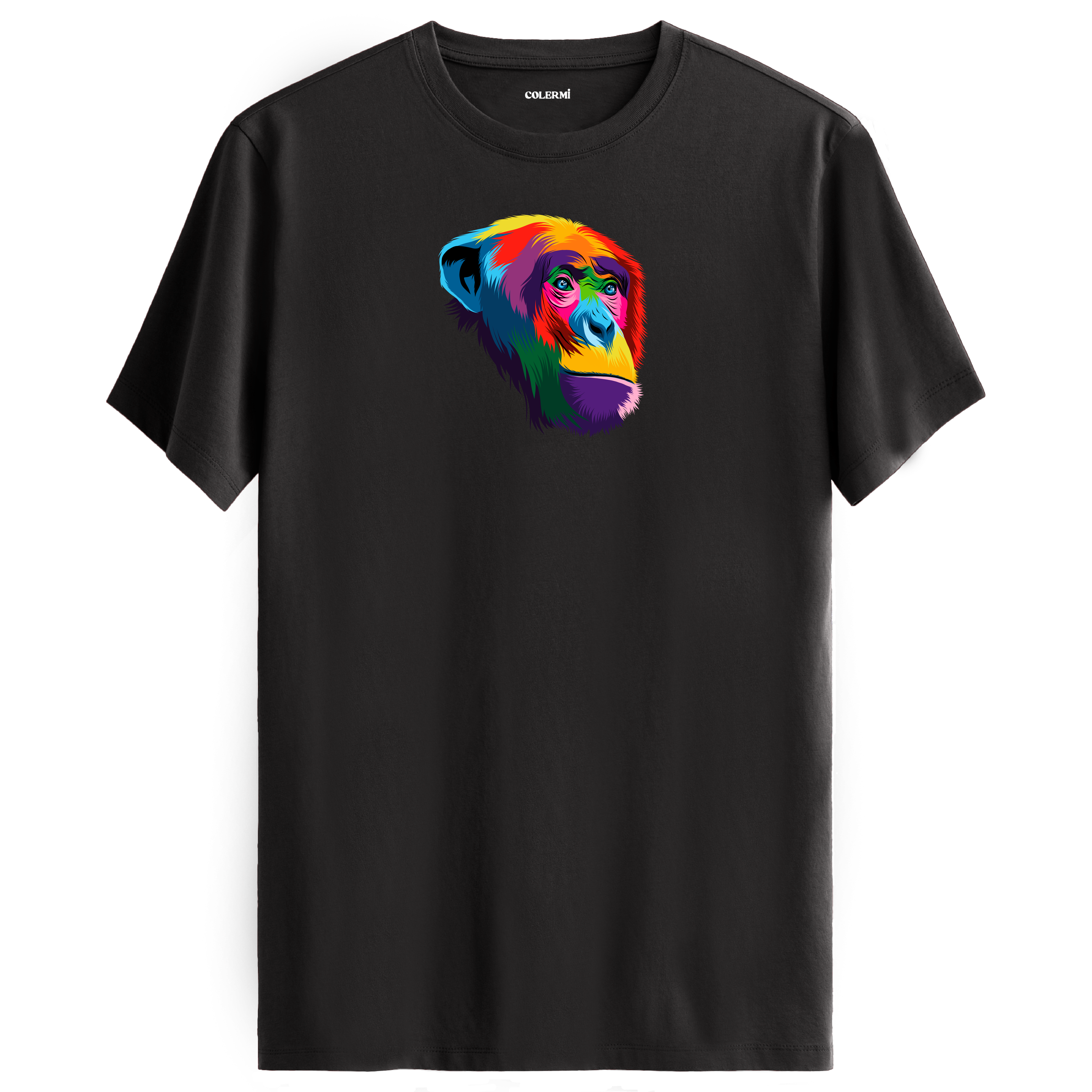 Antrasit tişört üzerinde renkli şempanze baskısı