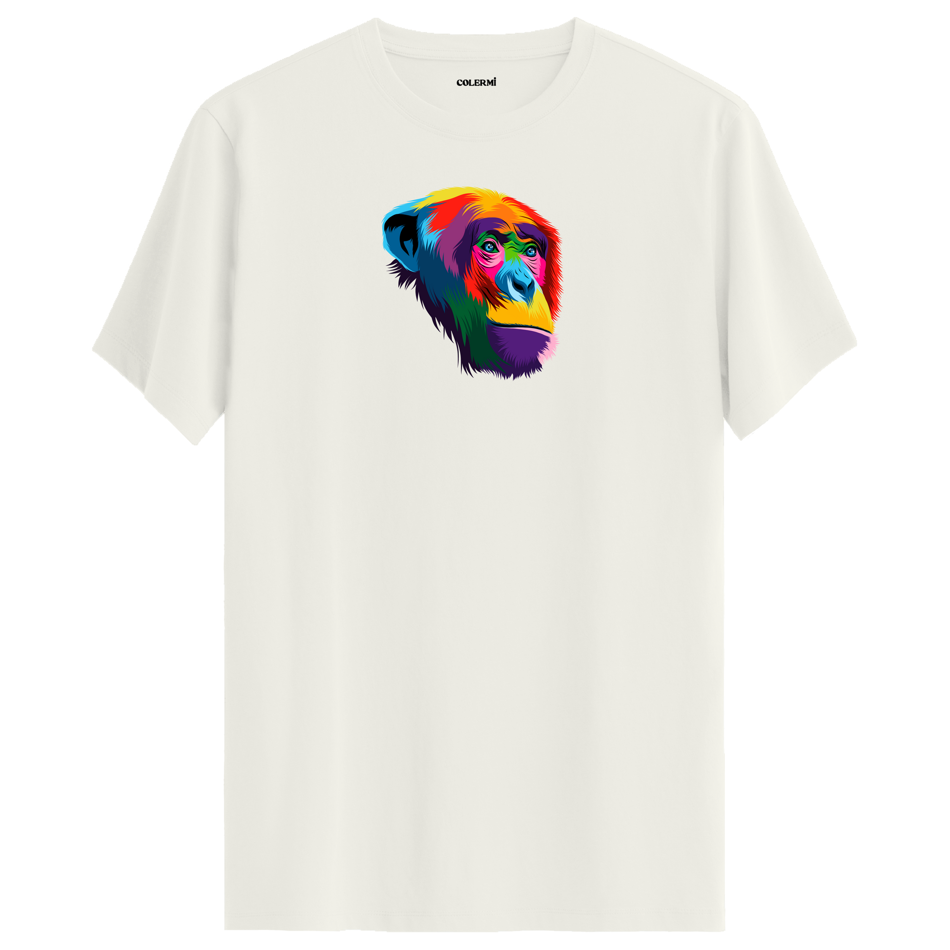 Ekru tişört üzerinde renkli şempanze baskısı