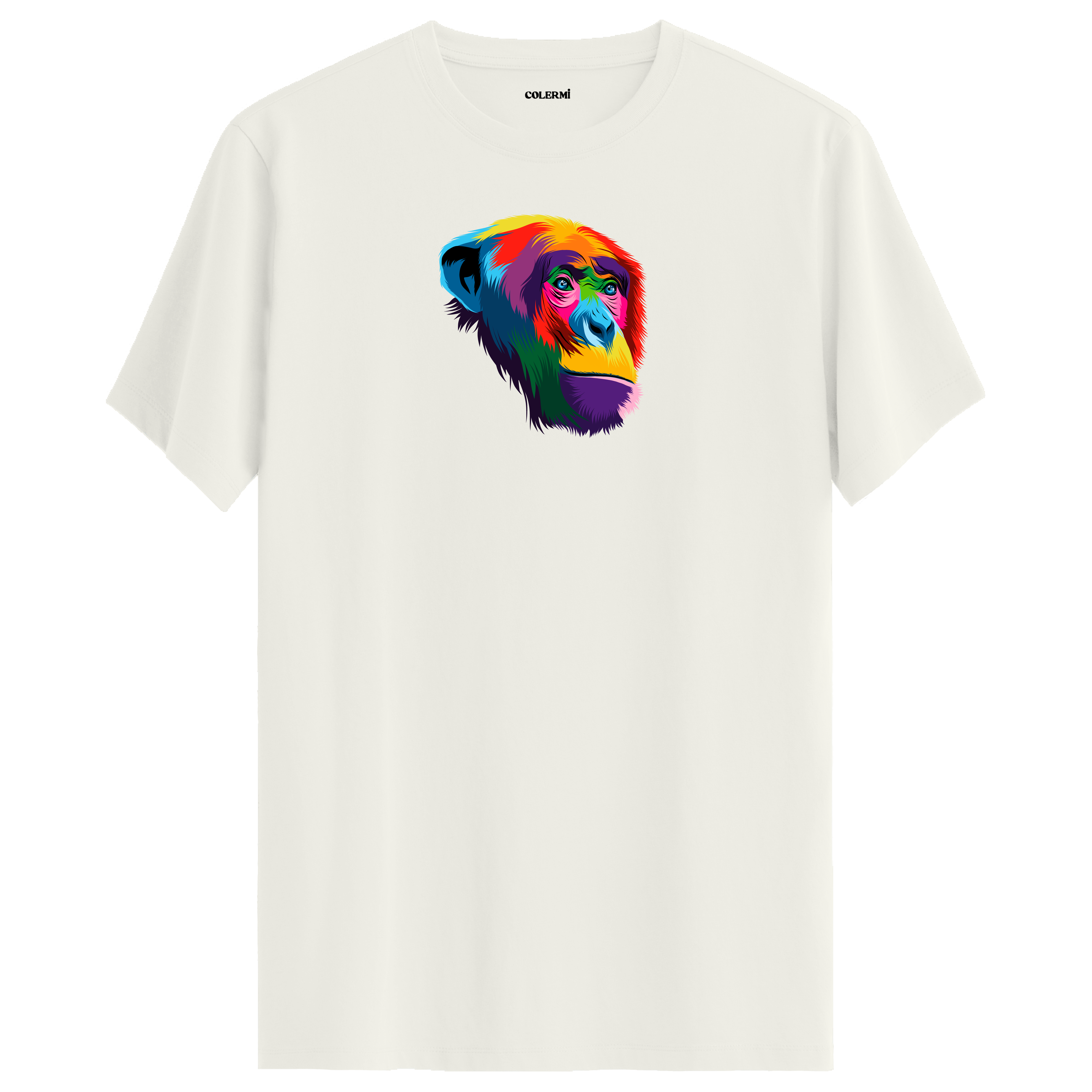 Ekru tişört üzerinde renkli şempanze baskısı