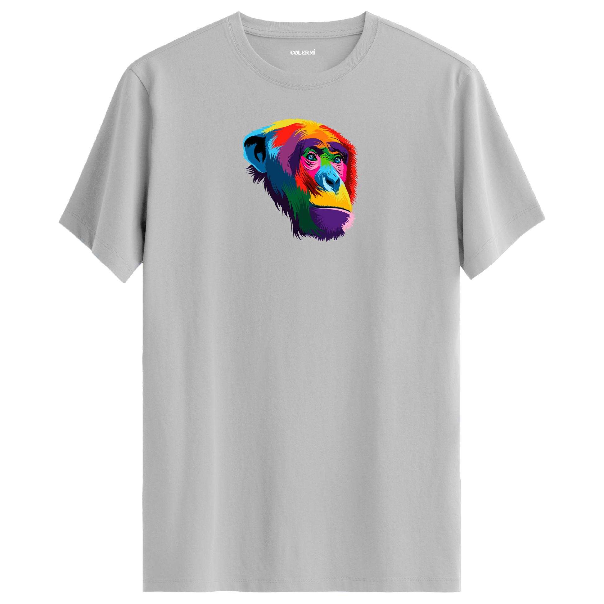 Gri tişört üzerinde renkli şempanze baskısı