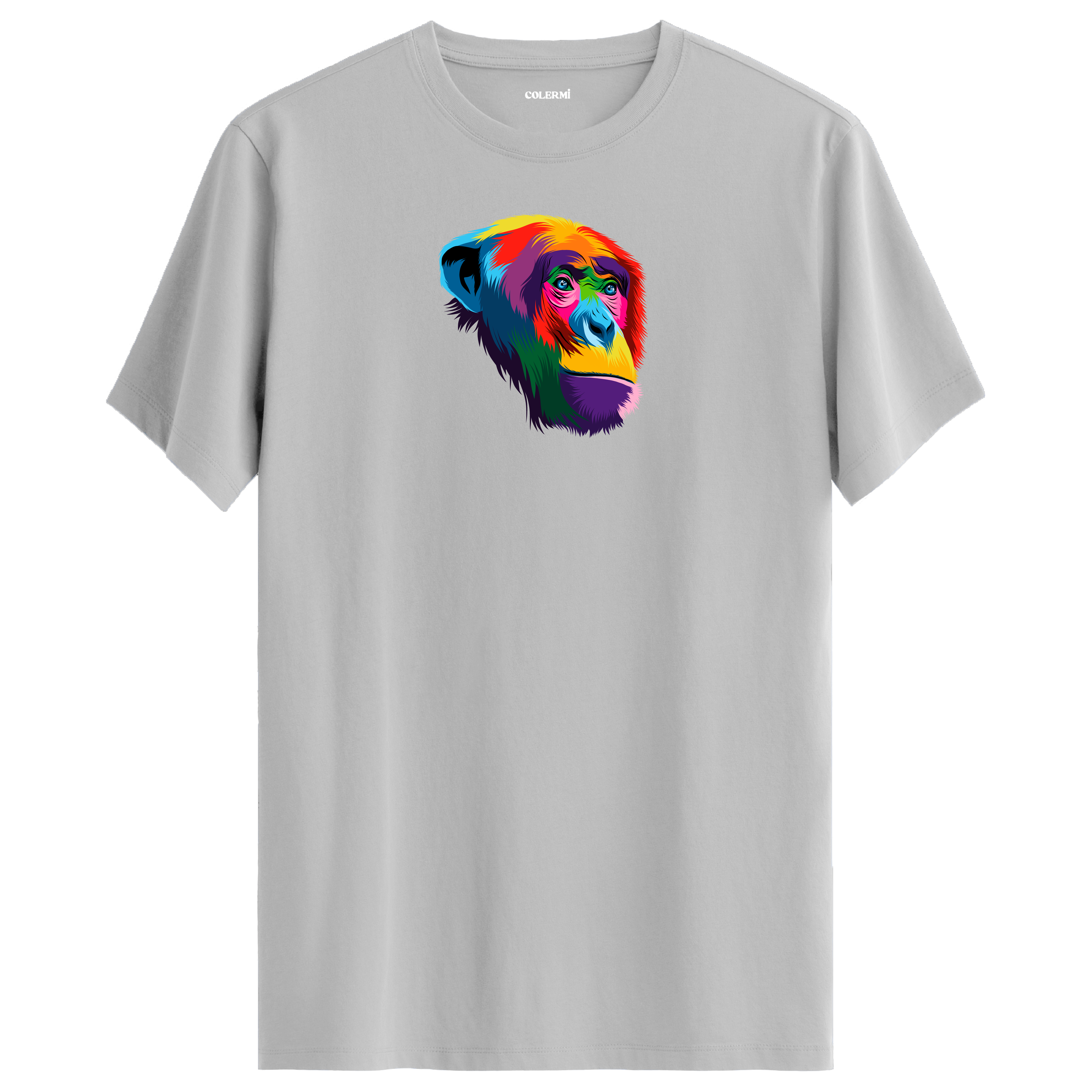 Gri tişört üzerinde renkli şempanze baskısı