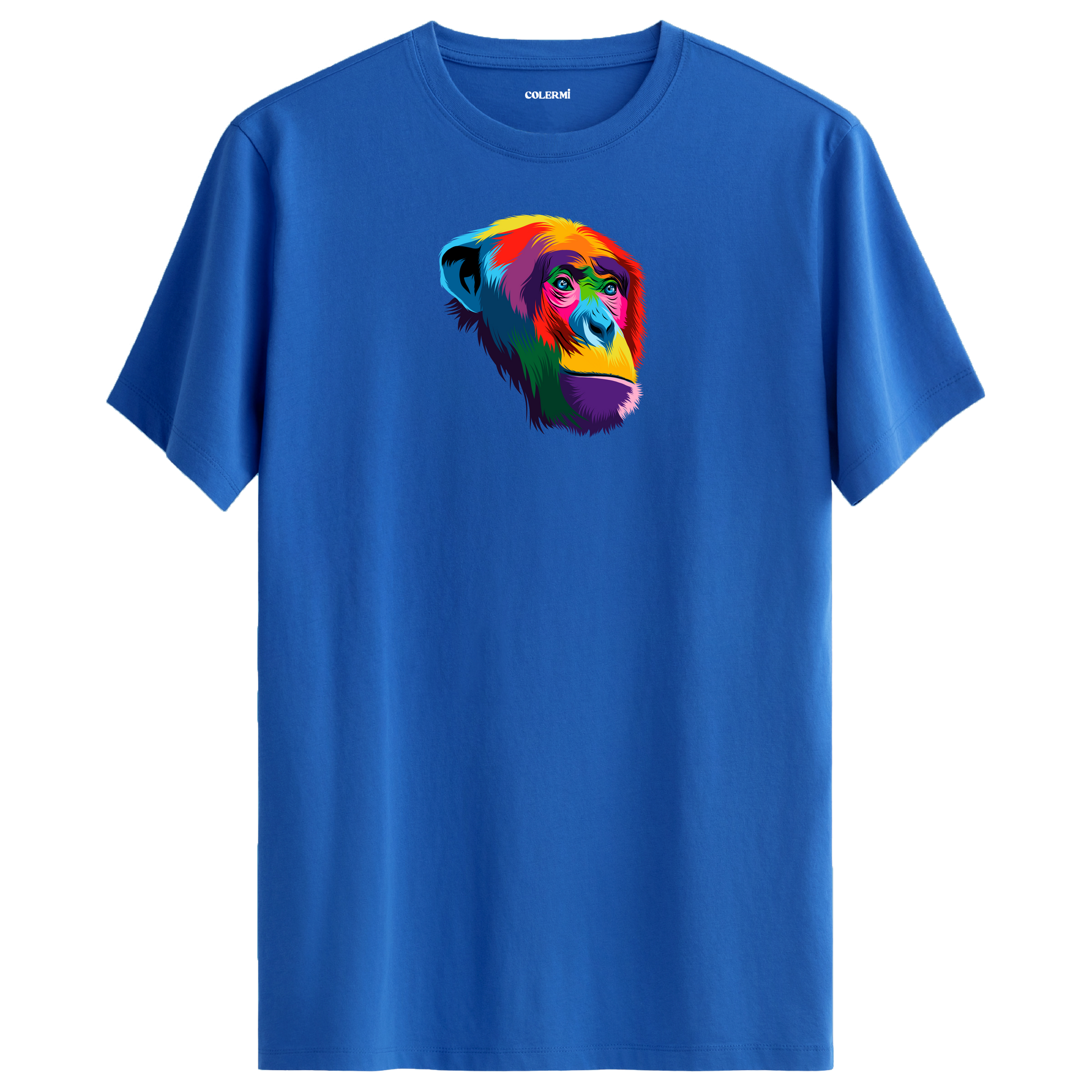 Mavi tişört üzerinde renkli şempanze baskısı