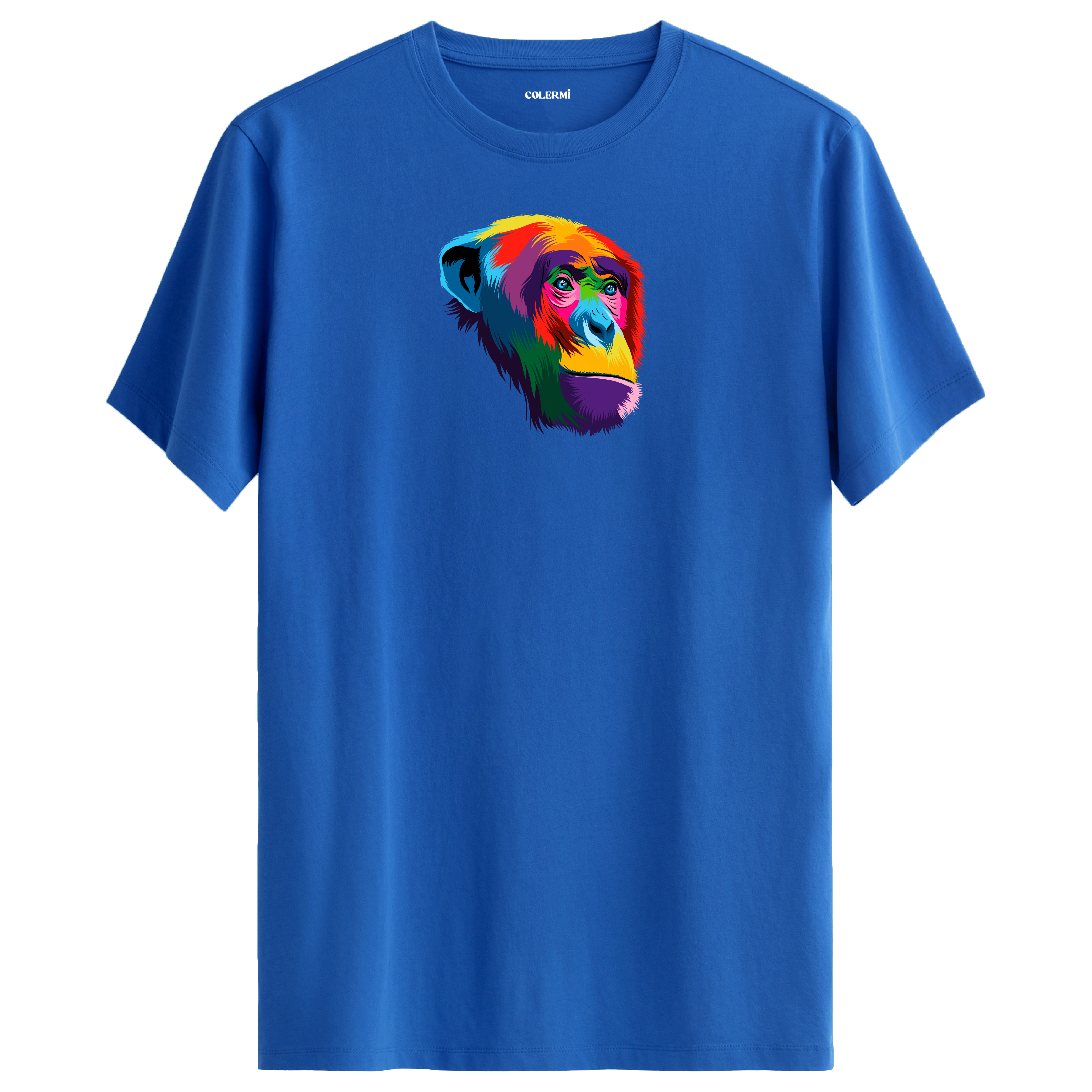 Mavi tişört üzerinde renkli şempanze baskısı