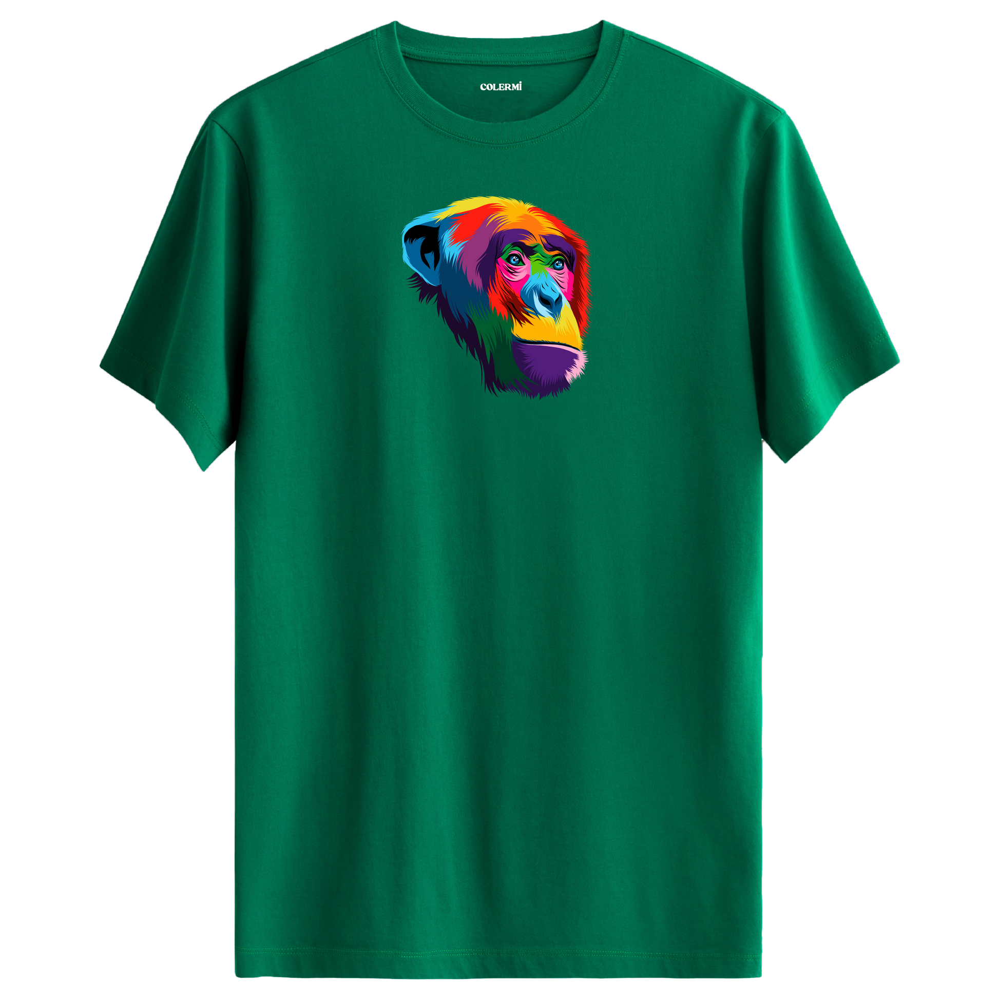 Yeşil tişört üzerinde renkli şempanze baskısı