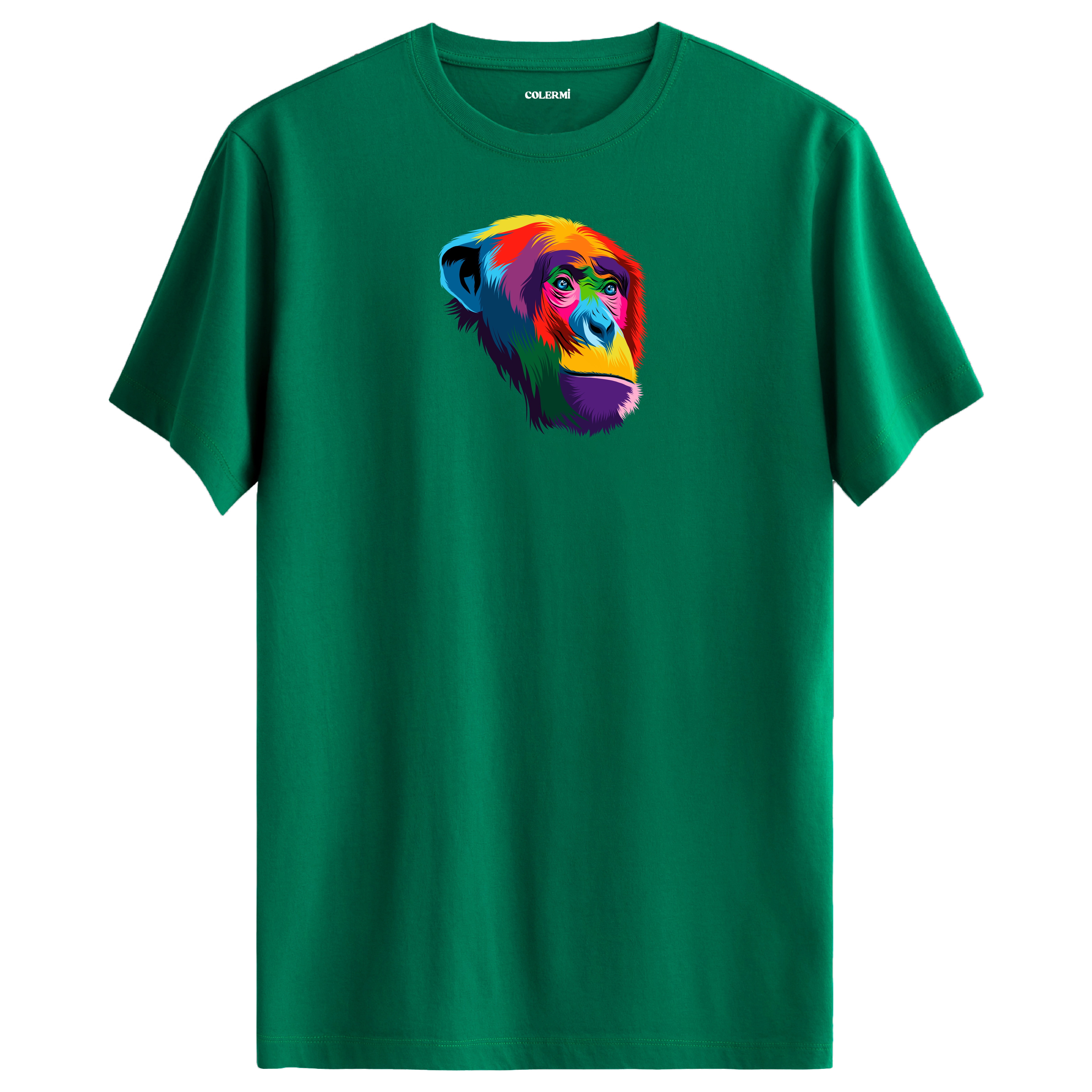 Yeşil tişört üzerinde renkli şempanze baskısı