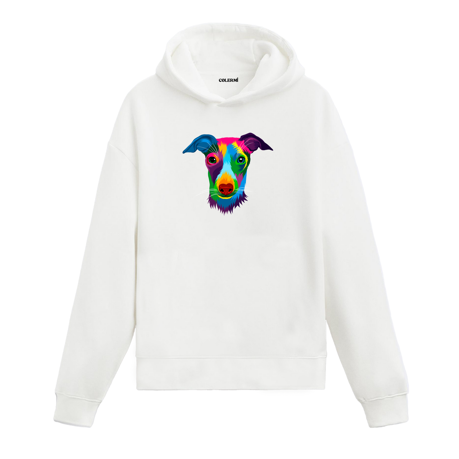 Renkli whippet baskılı beyaz hoodie