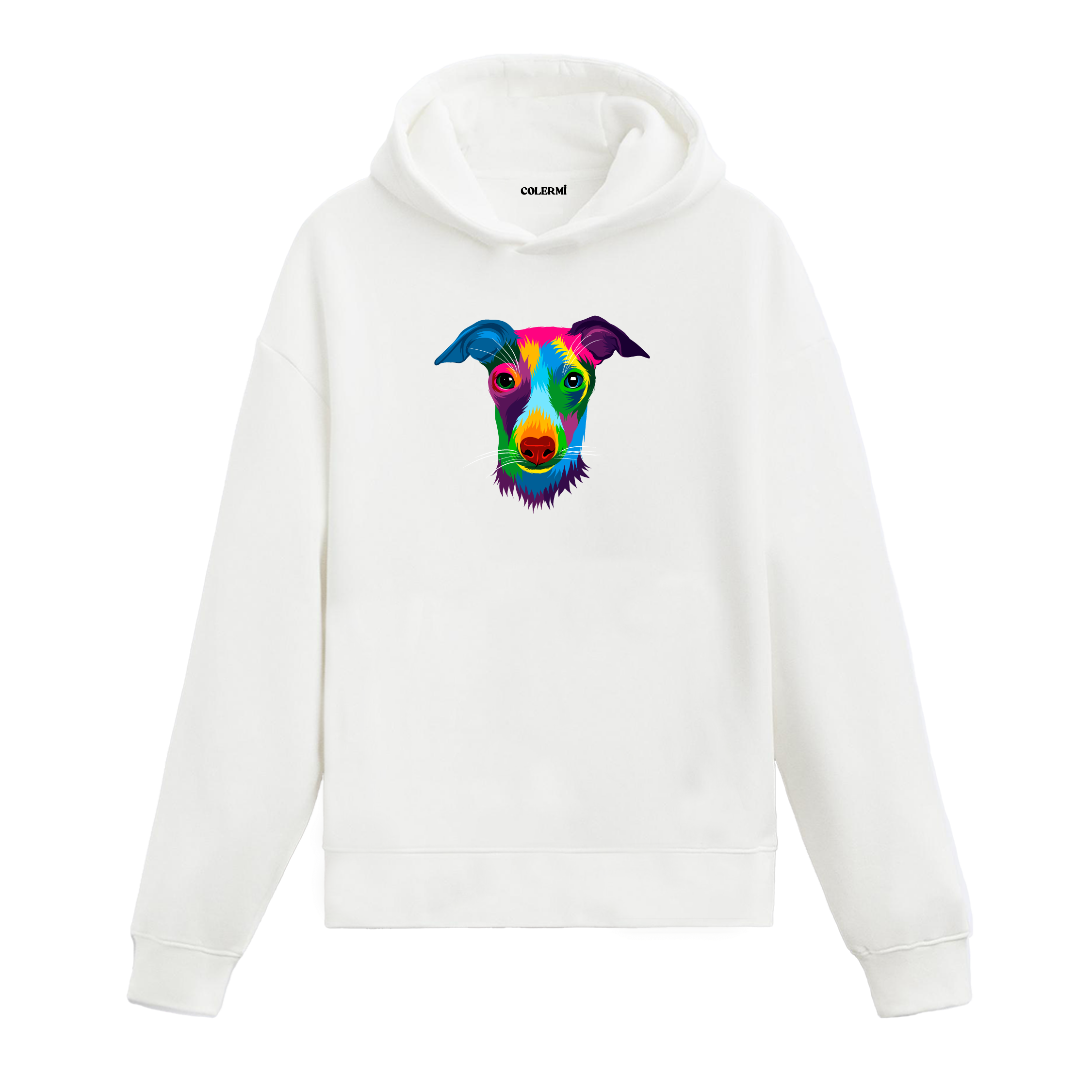 Renkli whippet baskılı beyaz hoodie