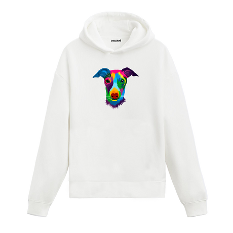 Renkli whippet baskılı beyaz hoodie