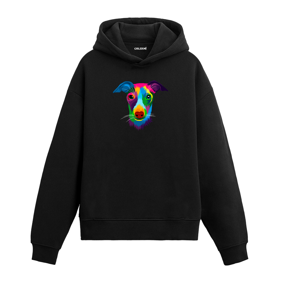 Renkli whippet baskılı siyah hoodie