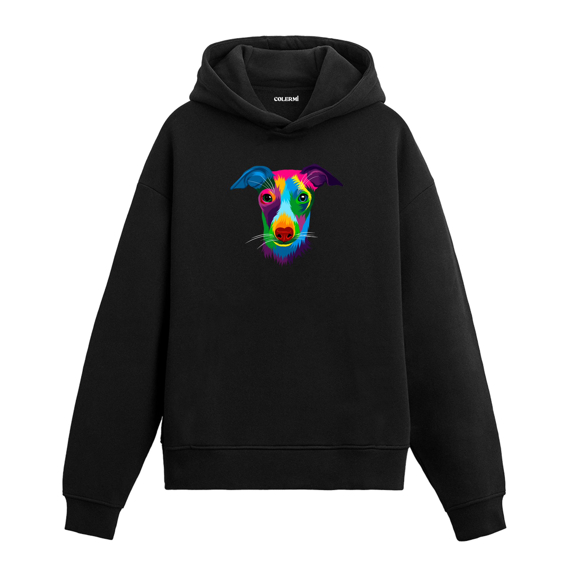Renkli whippet baskılı siyah hoodie