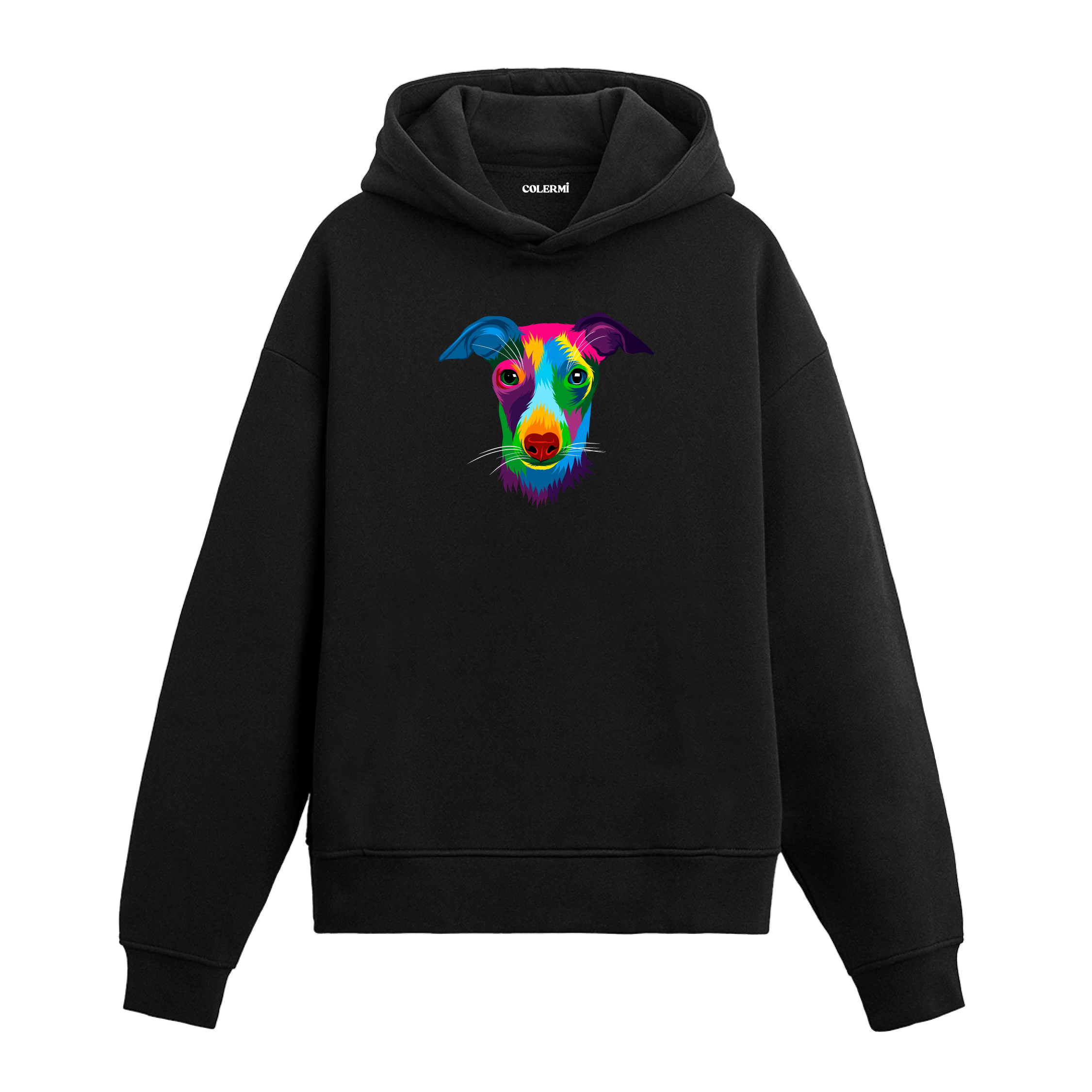 Renkli whippet baskılı siyah hoodie
