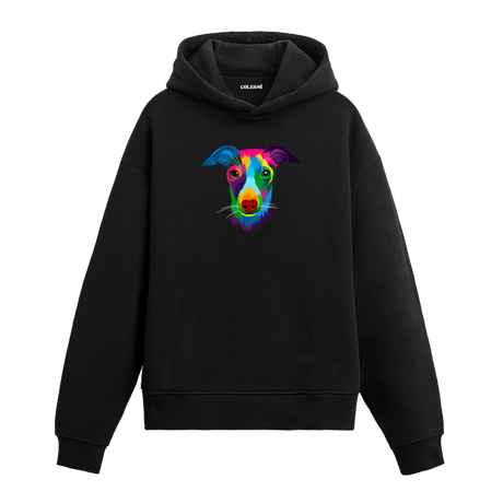 Renkli whippet baskılı siyah hoodie