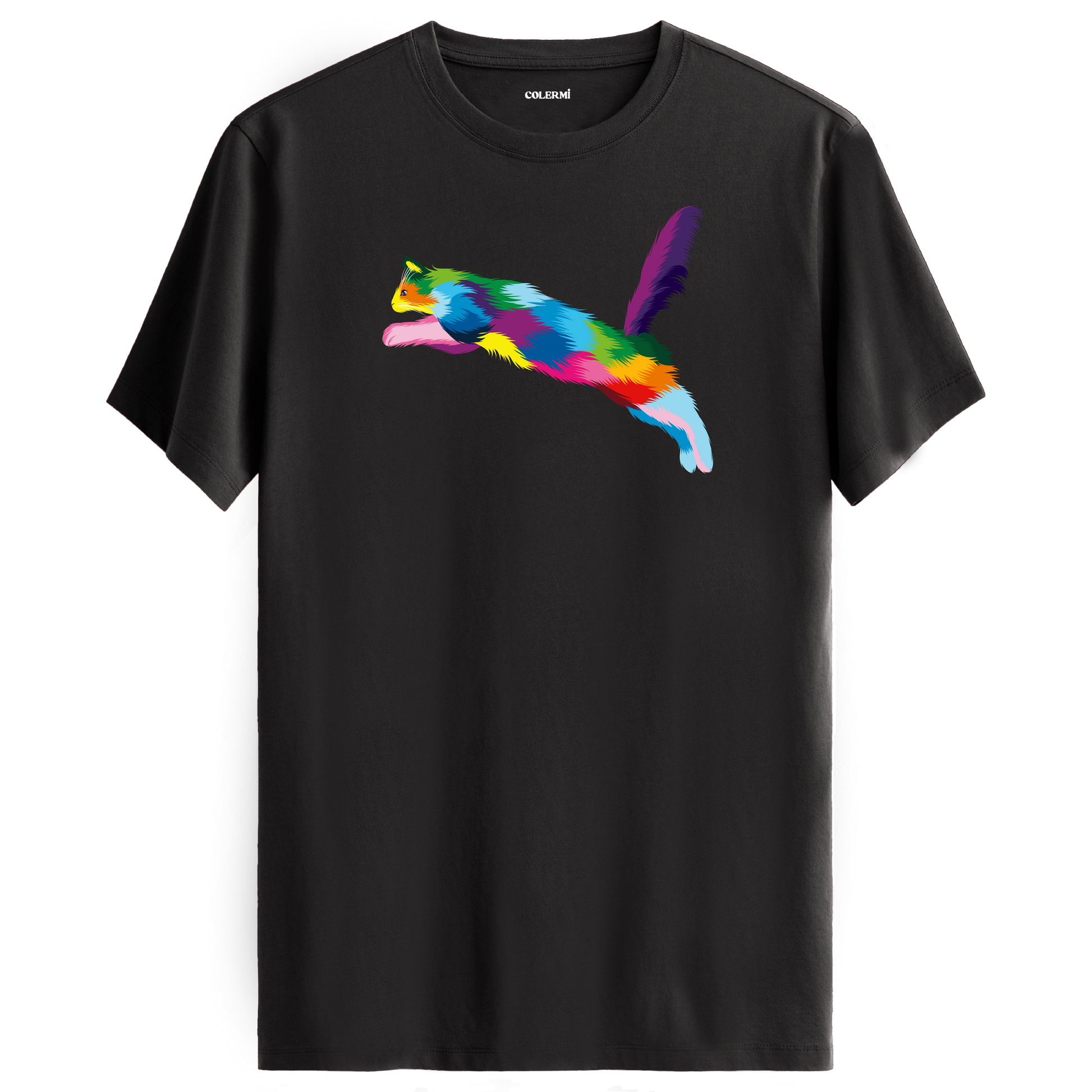 Antrasit tişört üzerinde renkli Zara kedi baskısı