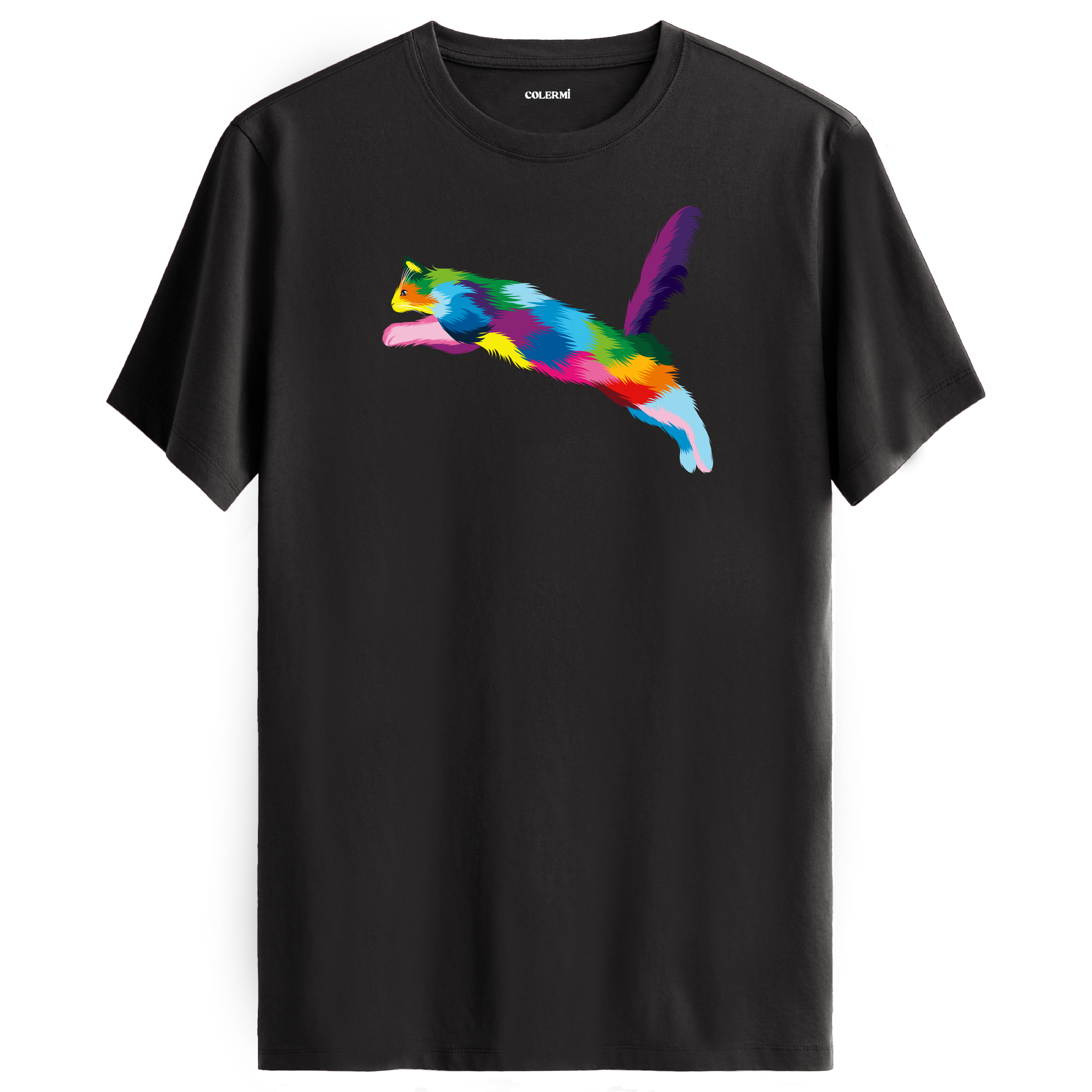 Antrasit tişört üzerinde renkli Zara kedi baskısı