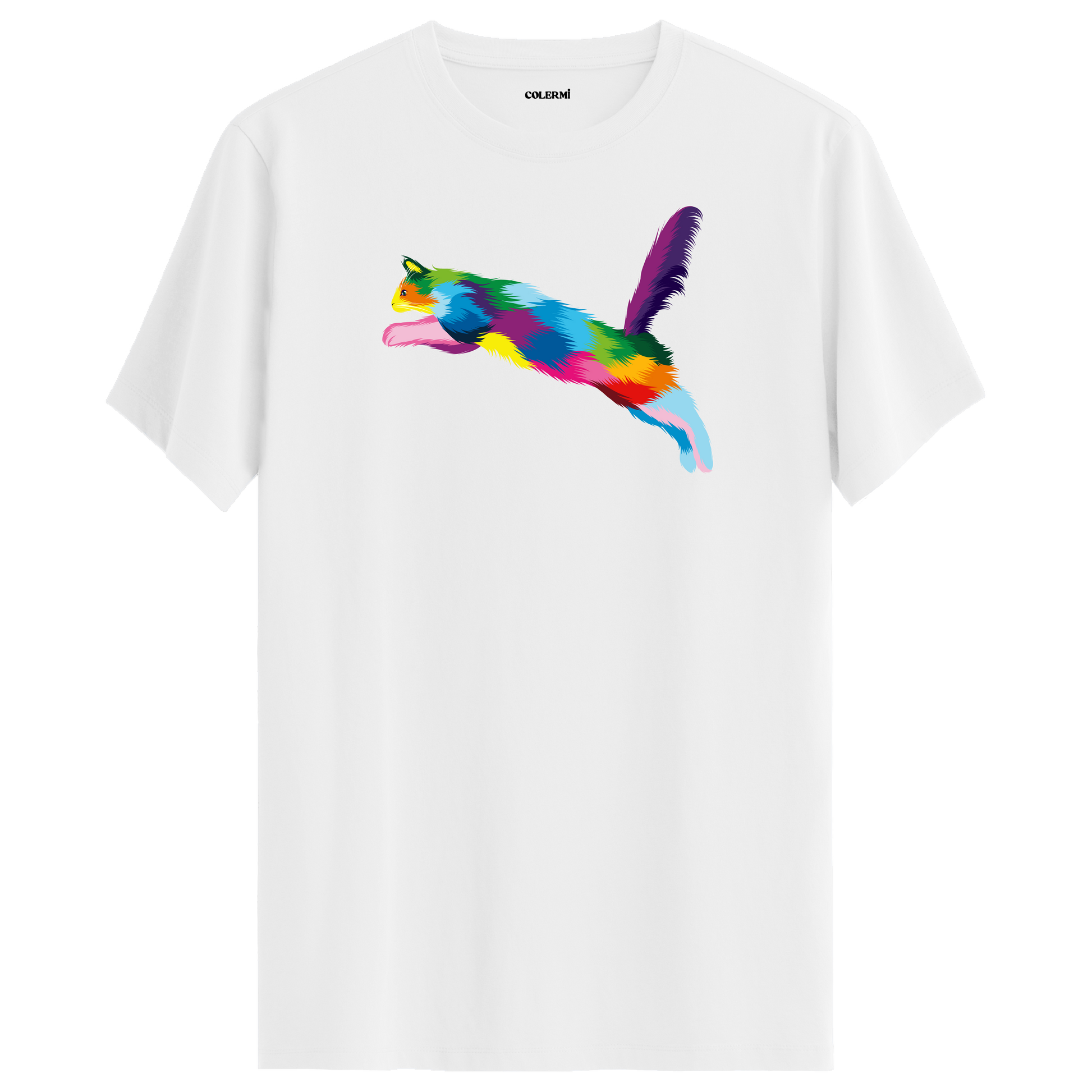 Beyaz tişört üzerinde renkli Zara kedi baskısı