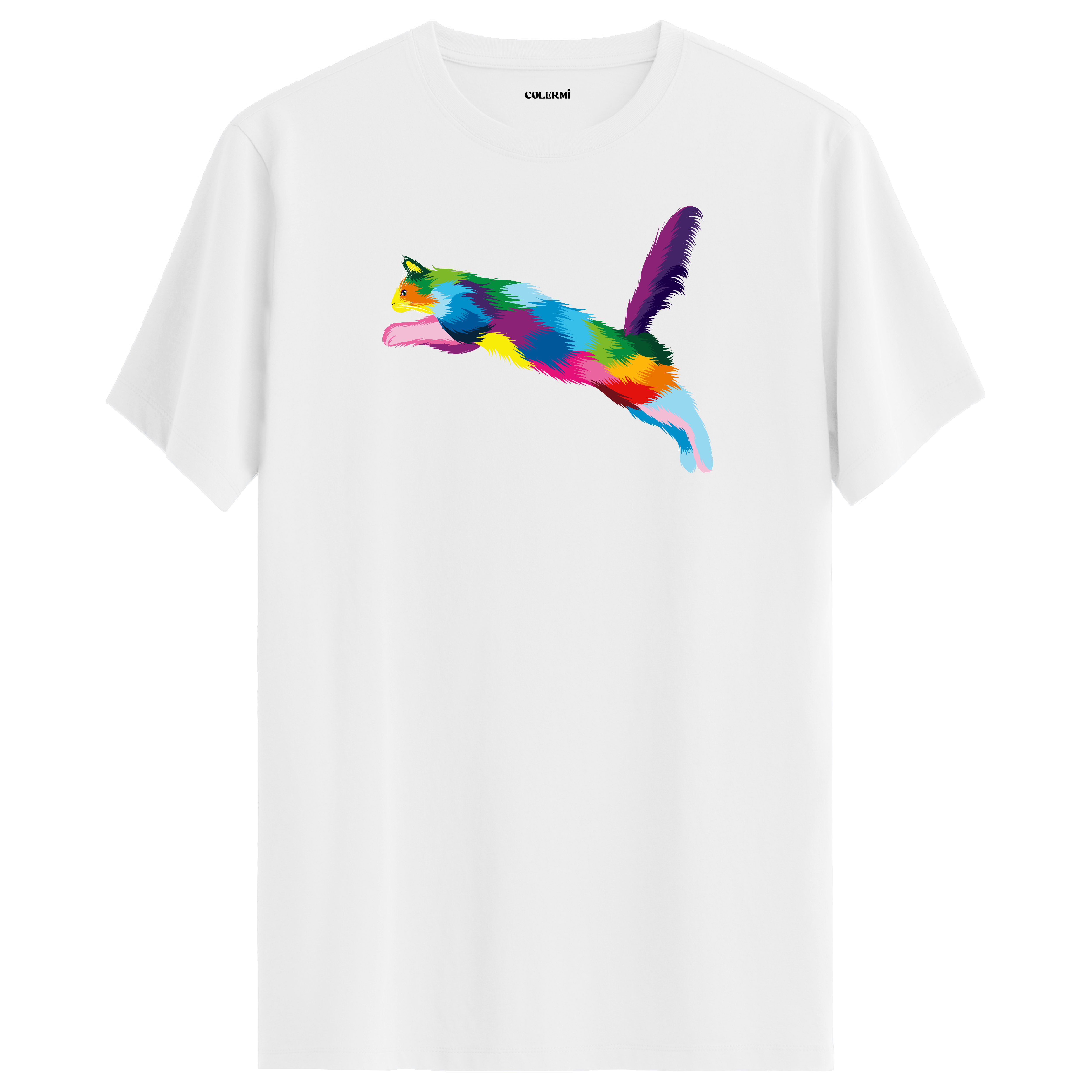 Beyaz tişört üzerinde renkli Zara kedi baskısı