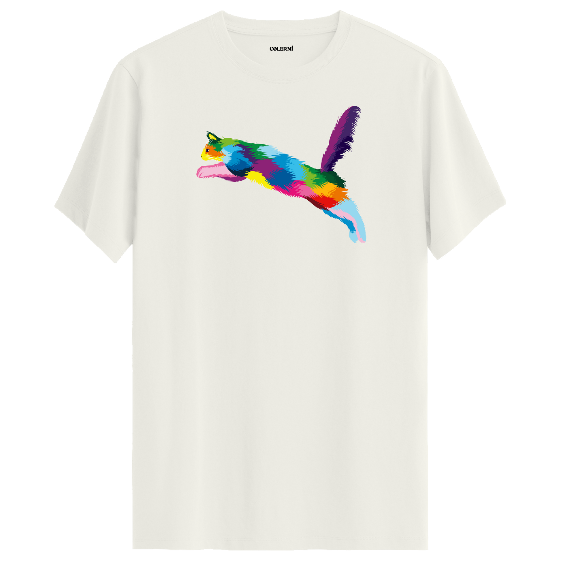 Ekru tişört üzerinde renkli Zara kedi baskısı