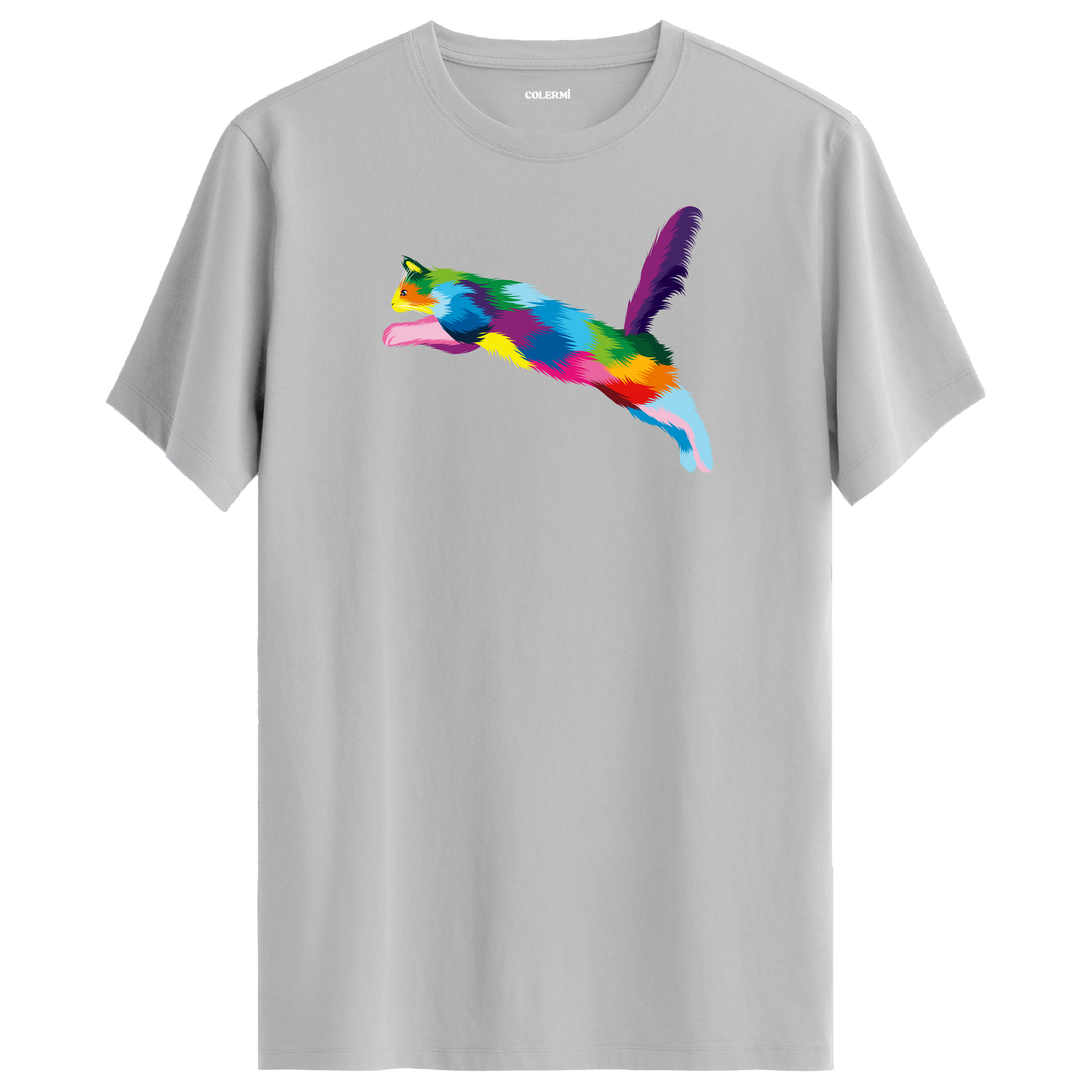 Gri tişört üzerinde renkli Zara kedi baskısı