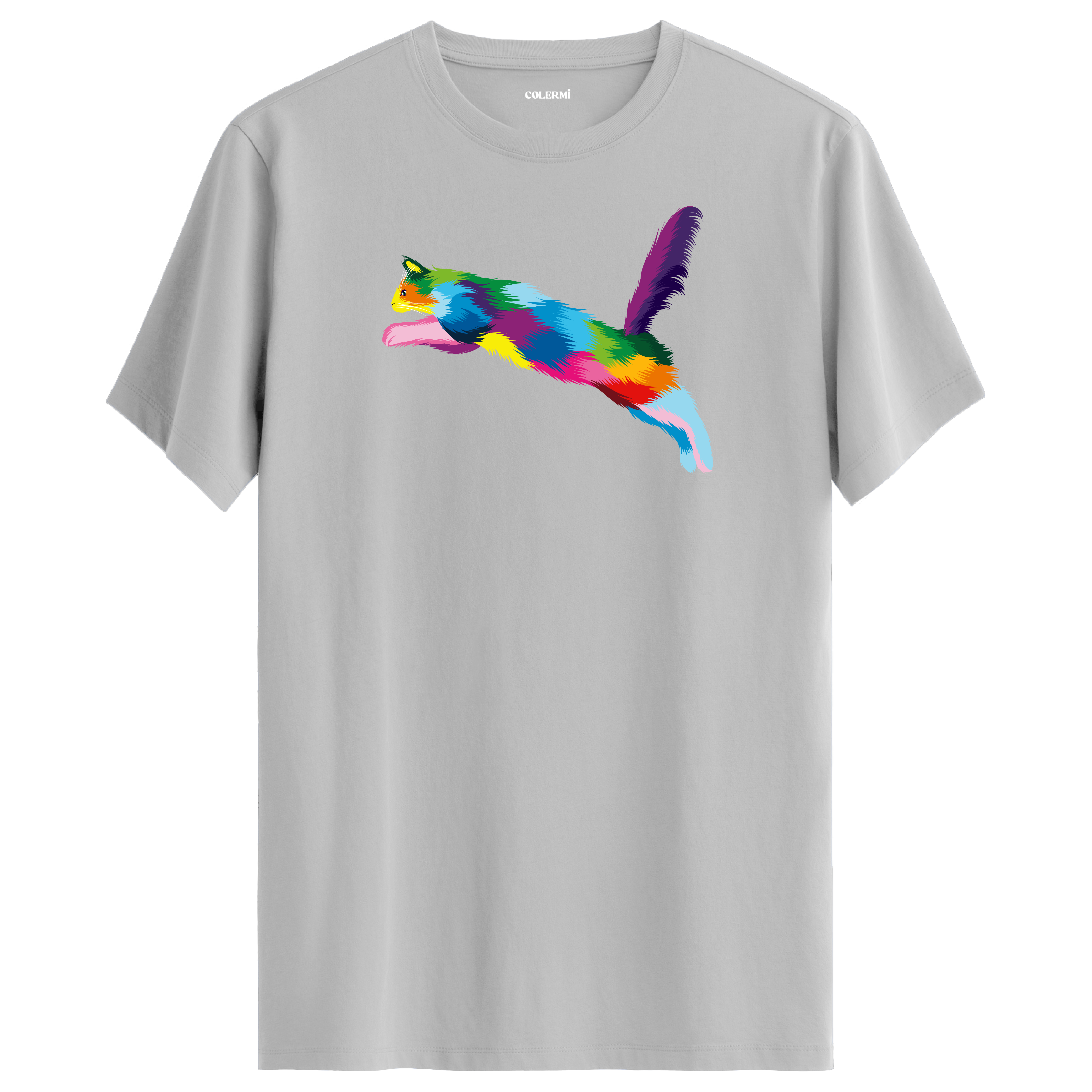 Gri tişört üzerinde renkli Zara kedi baskısı