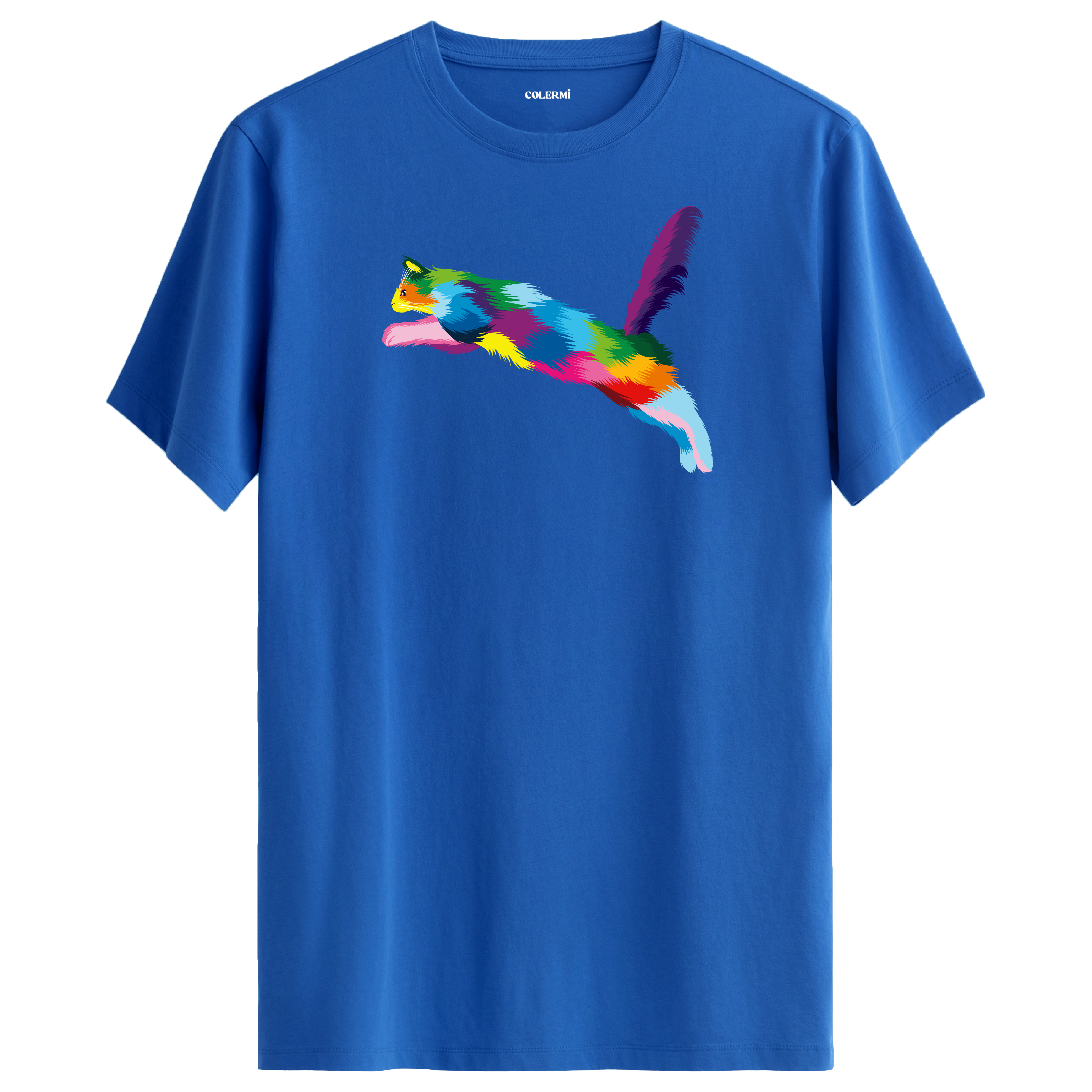 Mavi tişört üzerinde renkli Zara kedi baskısı