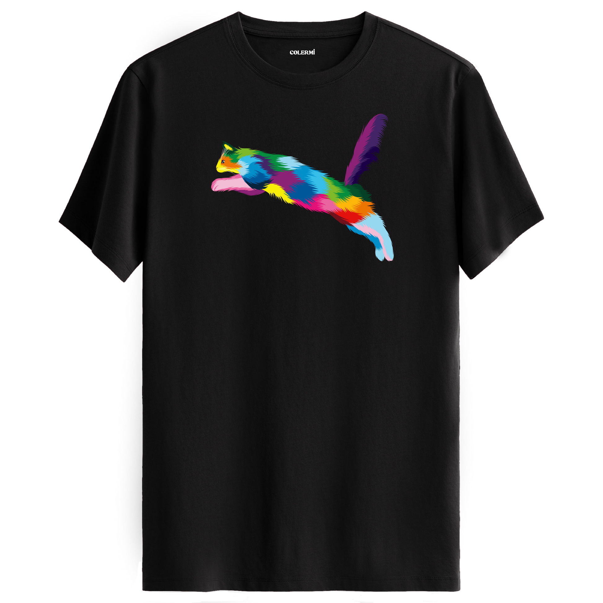 Siyah bisiklet yaka tişört, enerjik sıçrayan kedi tasarımıyla dinamik bir görünüm sunuyor.