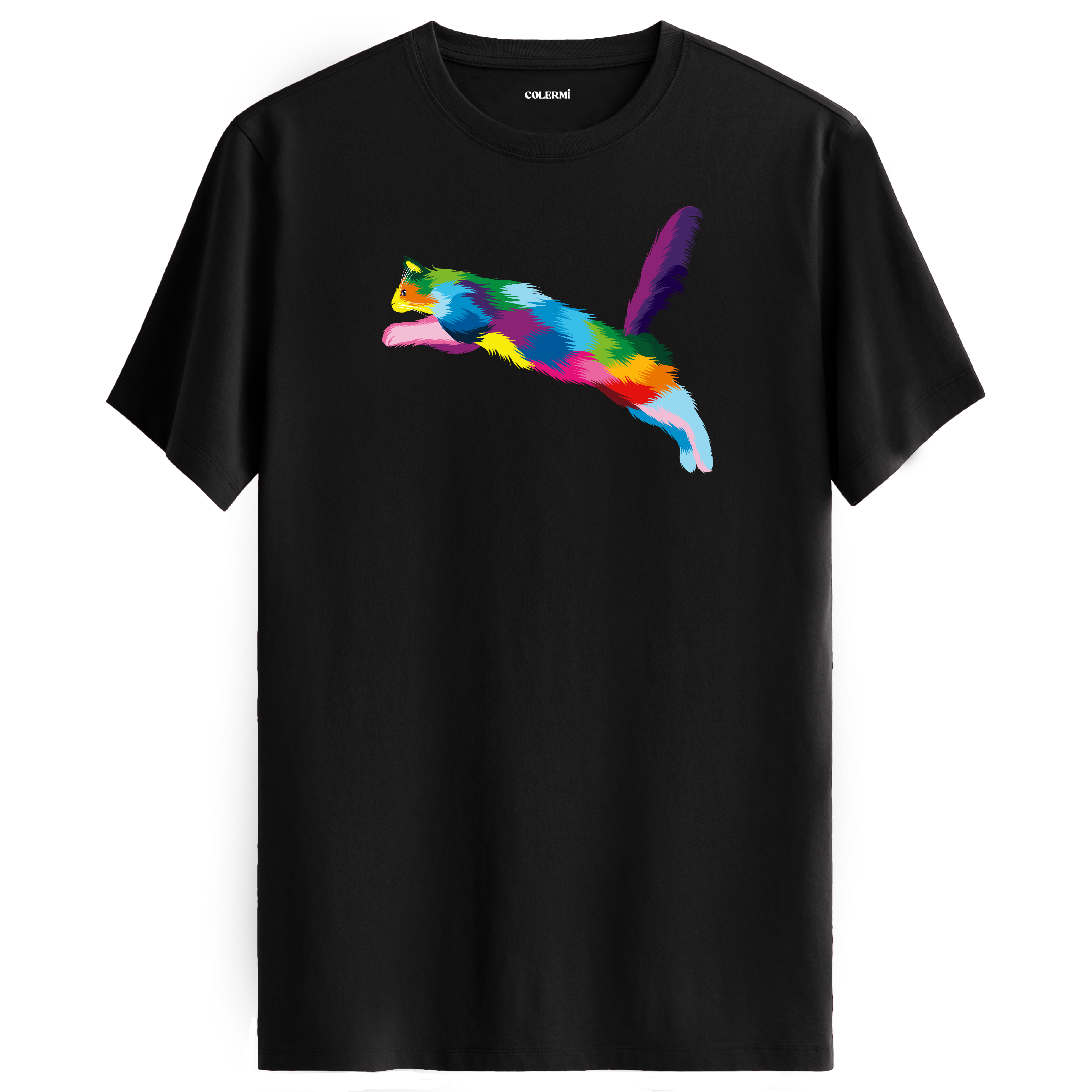 Siyah bisiklet yaka tişört, enerjik sıçrayan kedi tasarımıyla dinamik bir görünüm sunuyor.