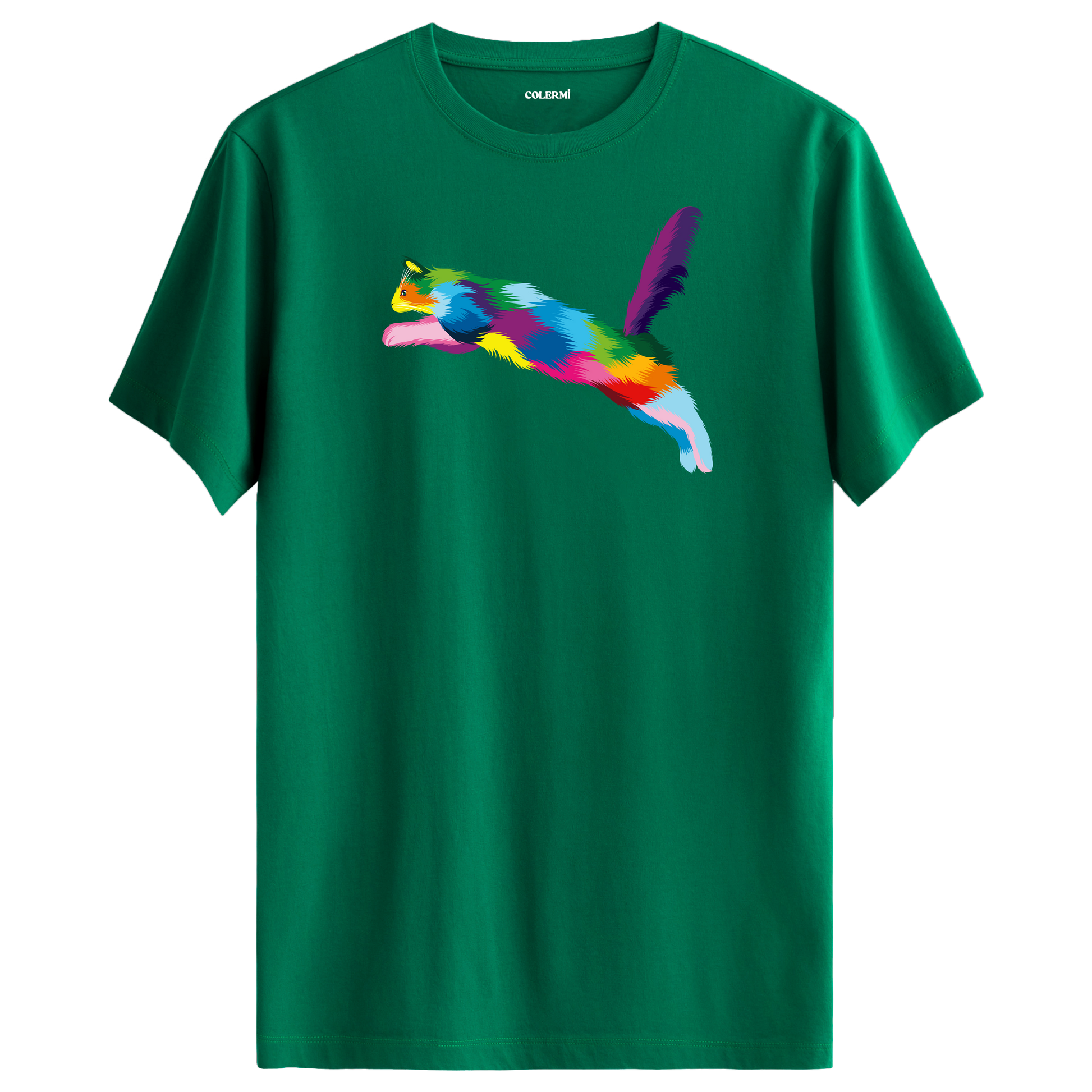 Yeşil tişört üzerinde renkli Zara kedi baskısı