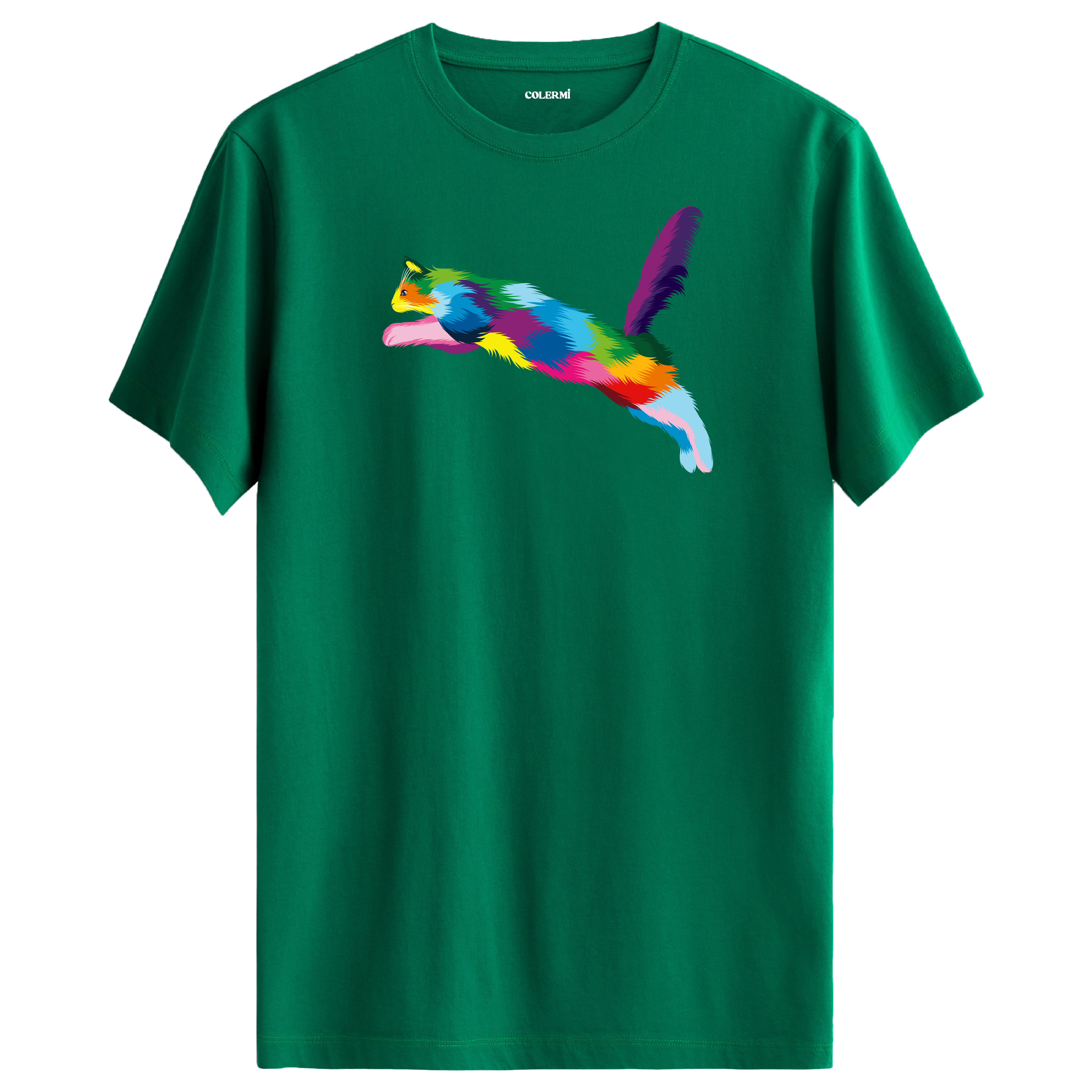 Yeşil tişört üzerinde renkli Zara kedi baskısı