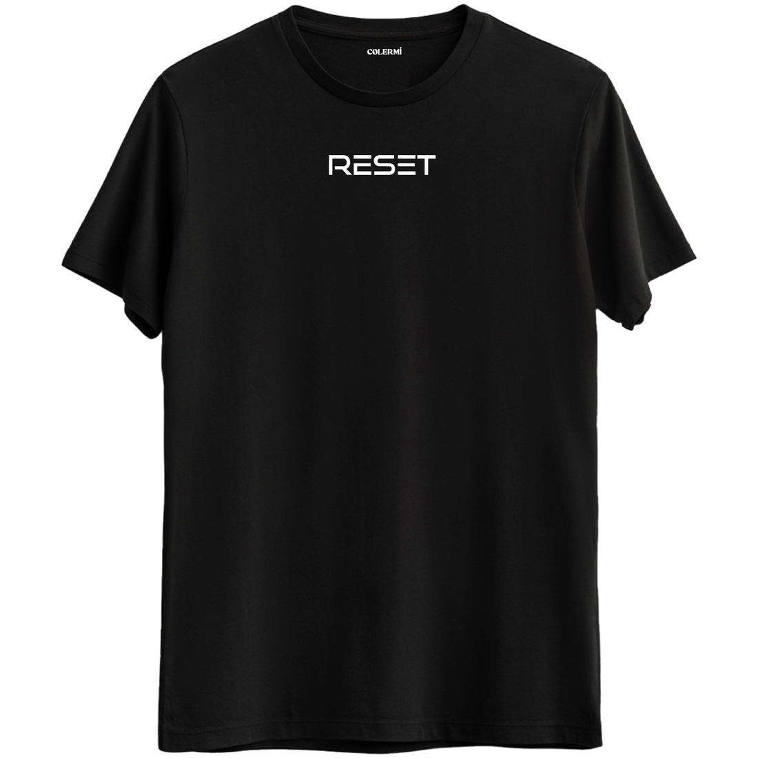 Reset temalı, yeniden başlama cesaretini simgeleyen minimal tasarımlı siyah Bisiklet Yaka T-Shirt.