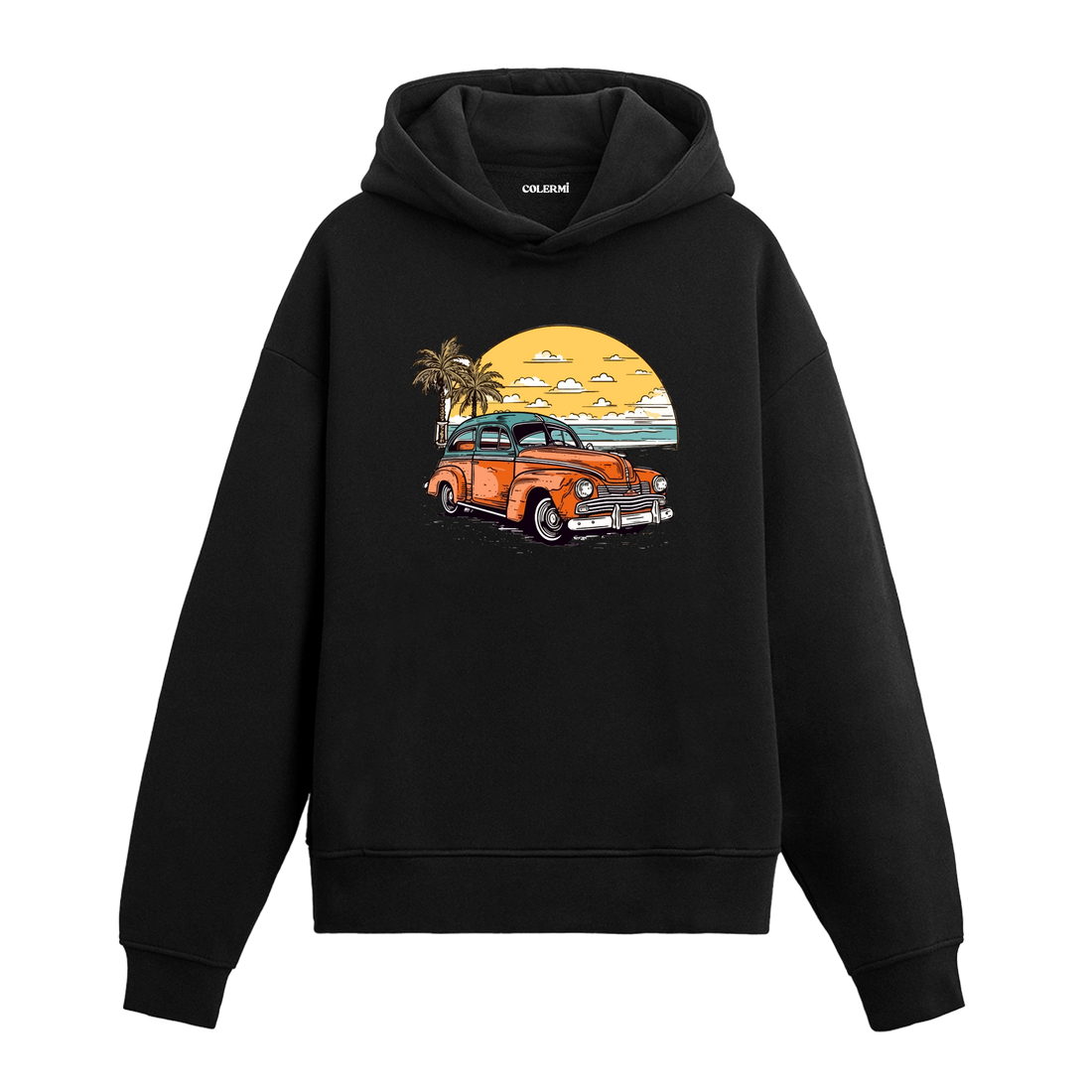 Siyah hoodie üzerinde retro araba tasarımı