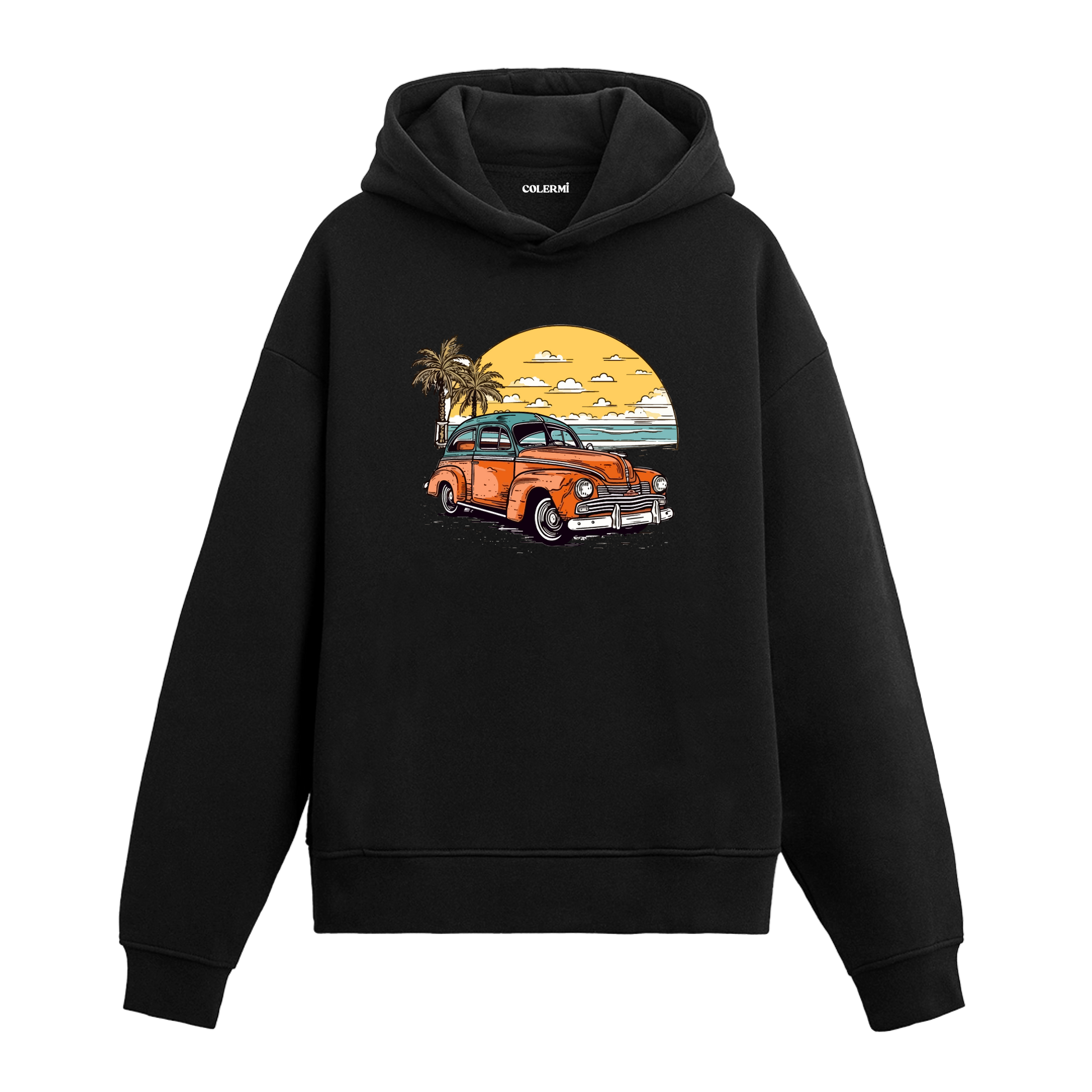 Siyah hoodie üzerinde retro araba tasarımı
