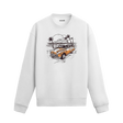 Sahil manzaralı retro araba tasarımlı beyaz sweatshirt.