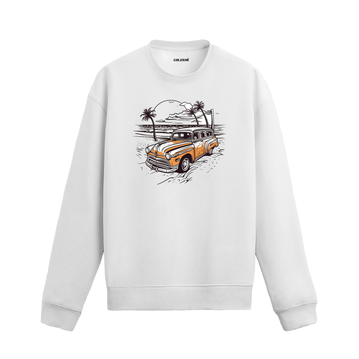 Sahil manzaralı retro araba tasarımlı beyaz sweatshirt.