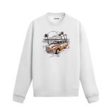 Sahil manzaralı retro araba tasarımlı beyaz sweatshirt.