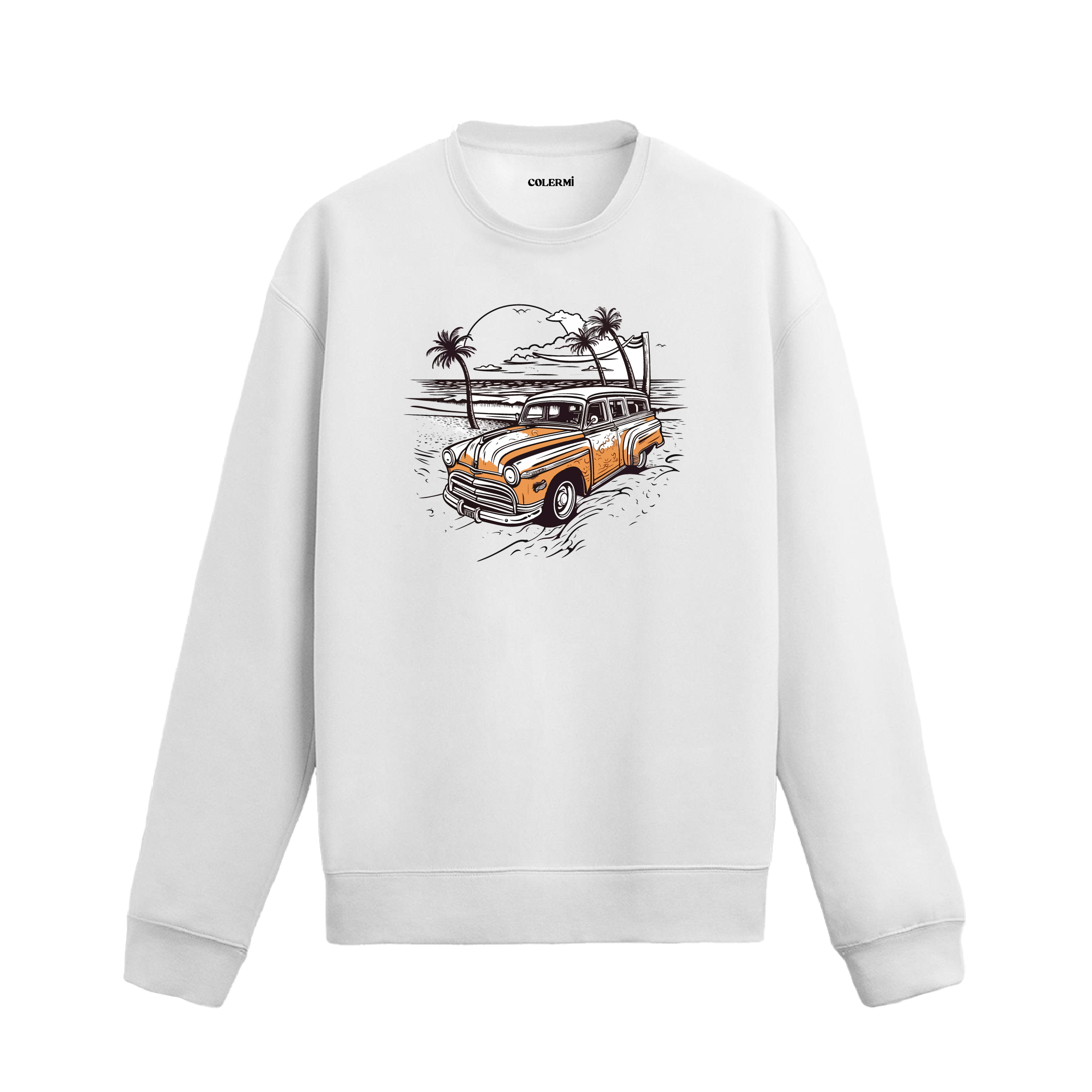 Sahil manzaralı retro araba tasarımlı beyaz sweatshirt.