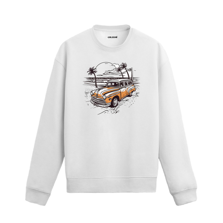 Sahil manzaralı retro araba tasarımlı beyaz sweatshirt.