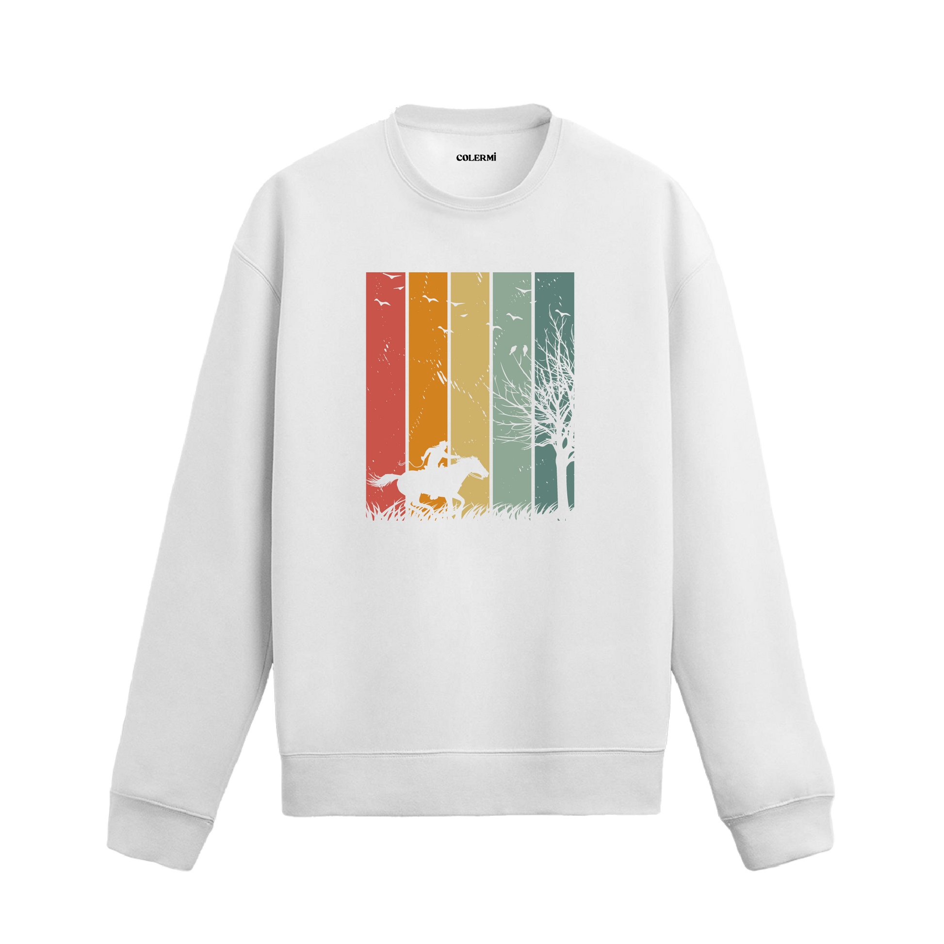 Retro tarzda gün batımı önünde atlı siluet baskılı beyaz sweatshirt.
