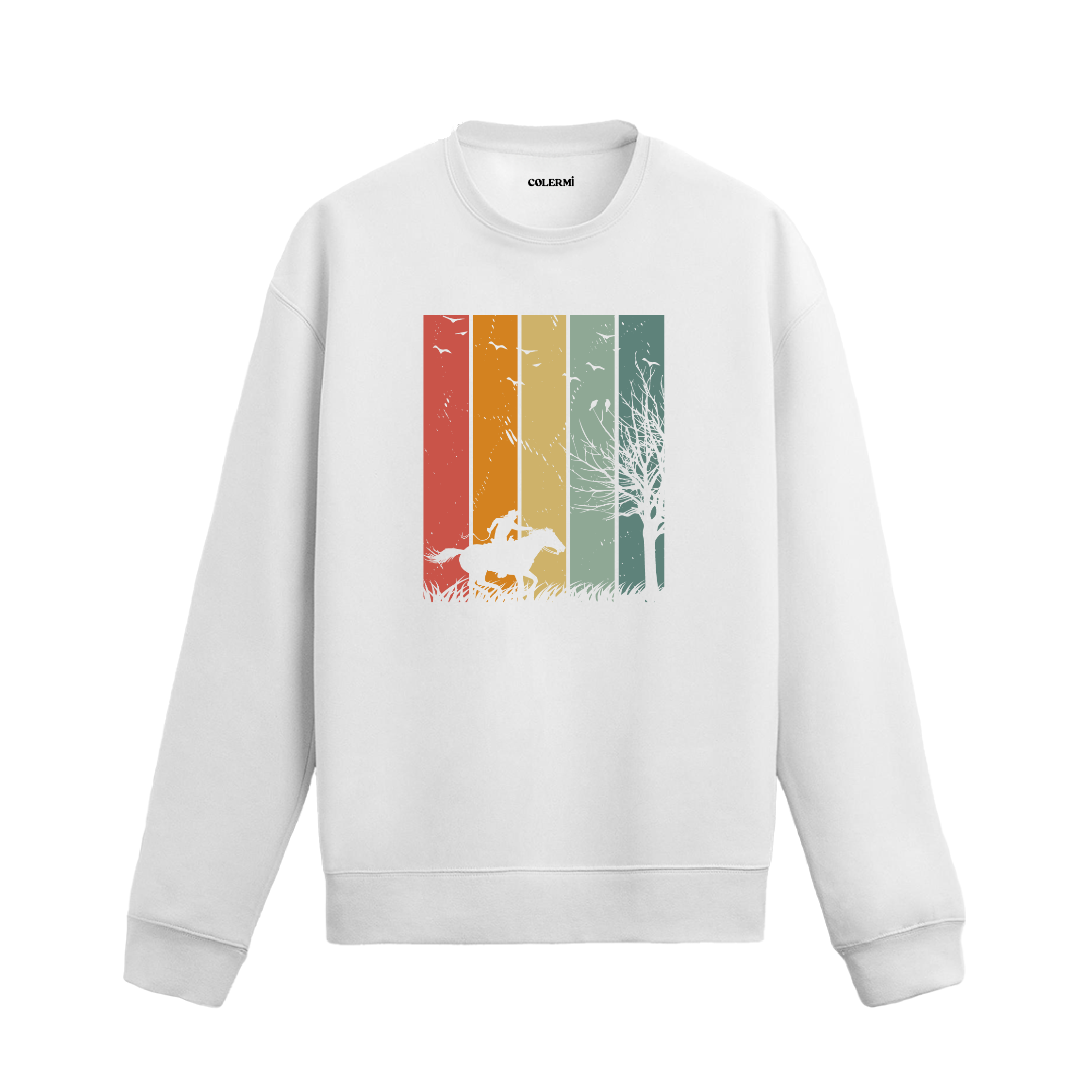 Retro tarzda gün batımı önünde atlı siluet baskılı beyaz sweatshirt.