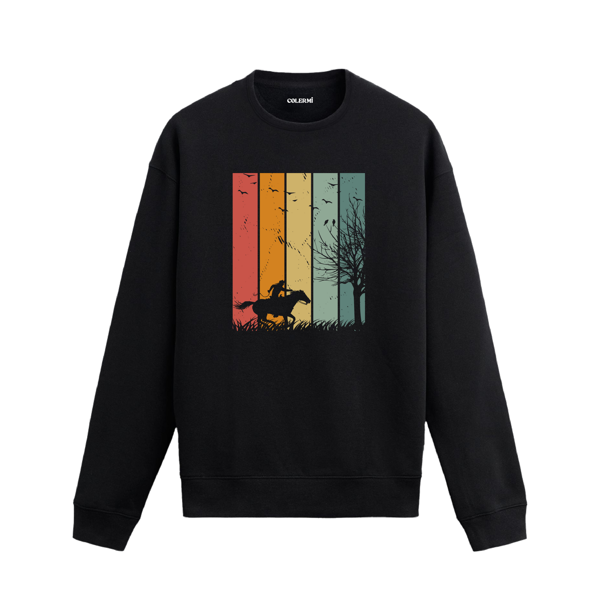 Retro tarzda gün batımı önünde atlı siluet baskılı siyah sweatshirt.