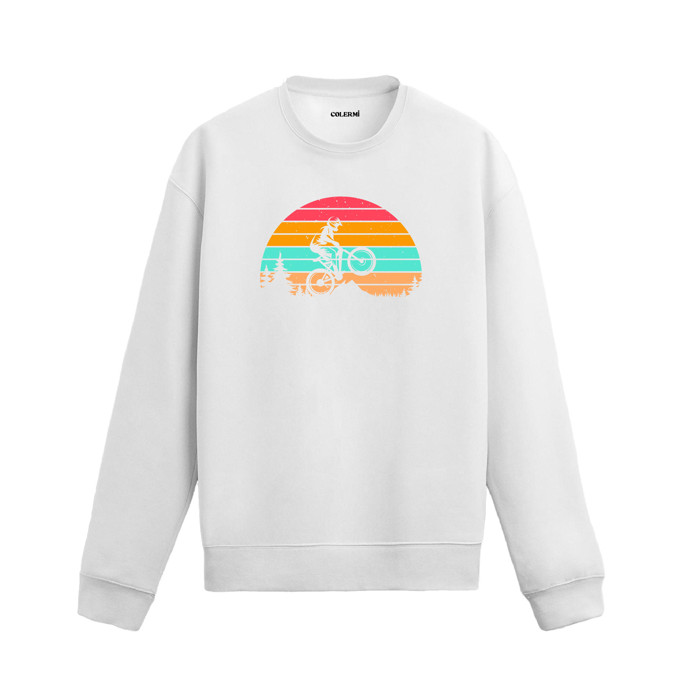 Gün batımı fonunda bisiklet sürücüsü tasarımlı siyah sweatshirt.