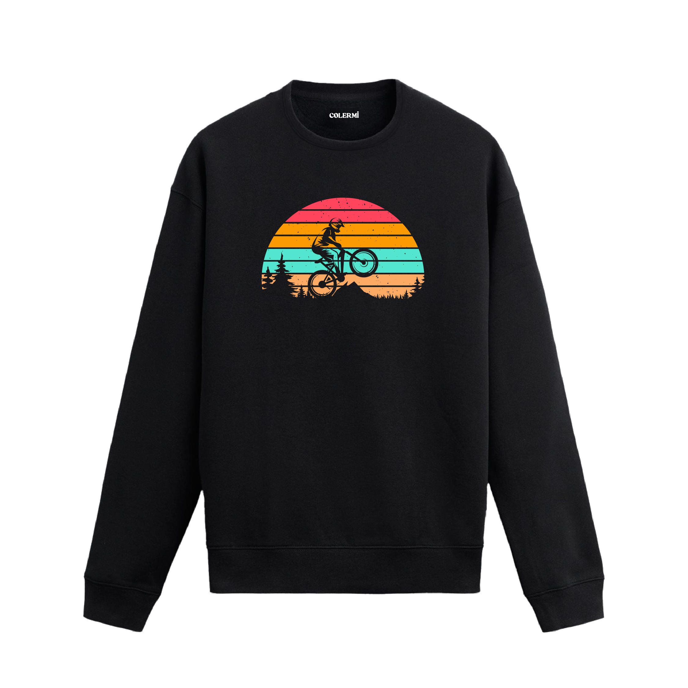 Gün batımı fonunda bisiklet sürücüsü tasarımlı siyah sweatshirt.