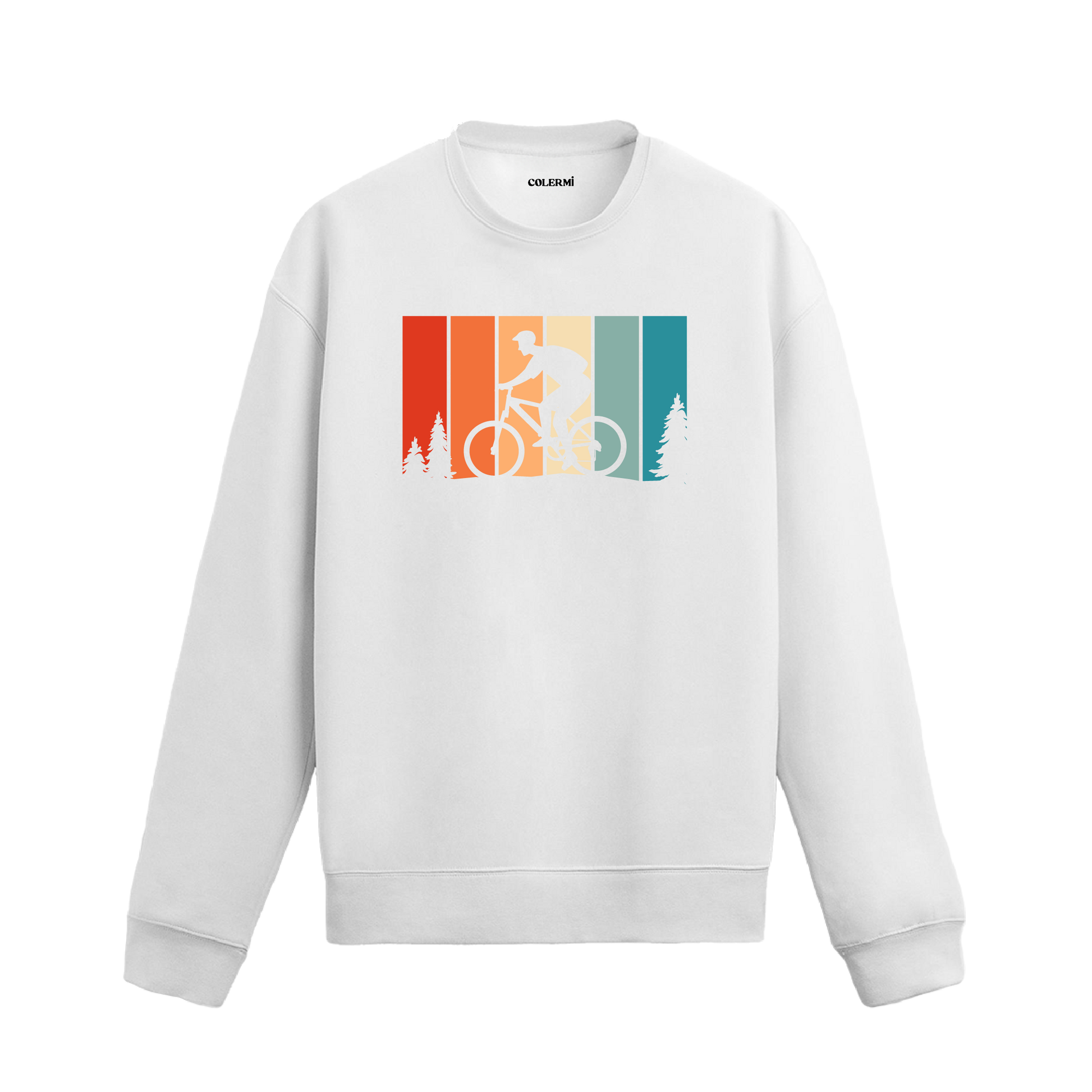Retro bisikletçi baskılı, dağ bisikleti figürü ve ağaç detaylı sweatshirt.