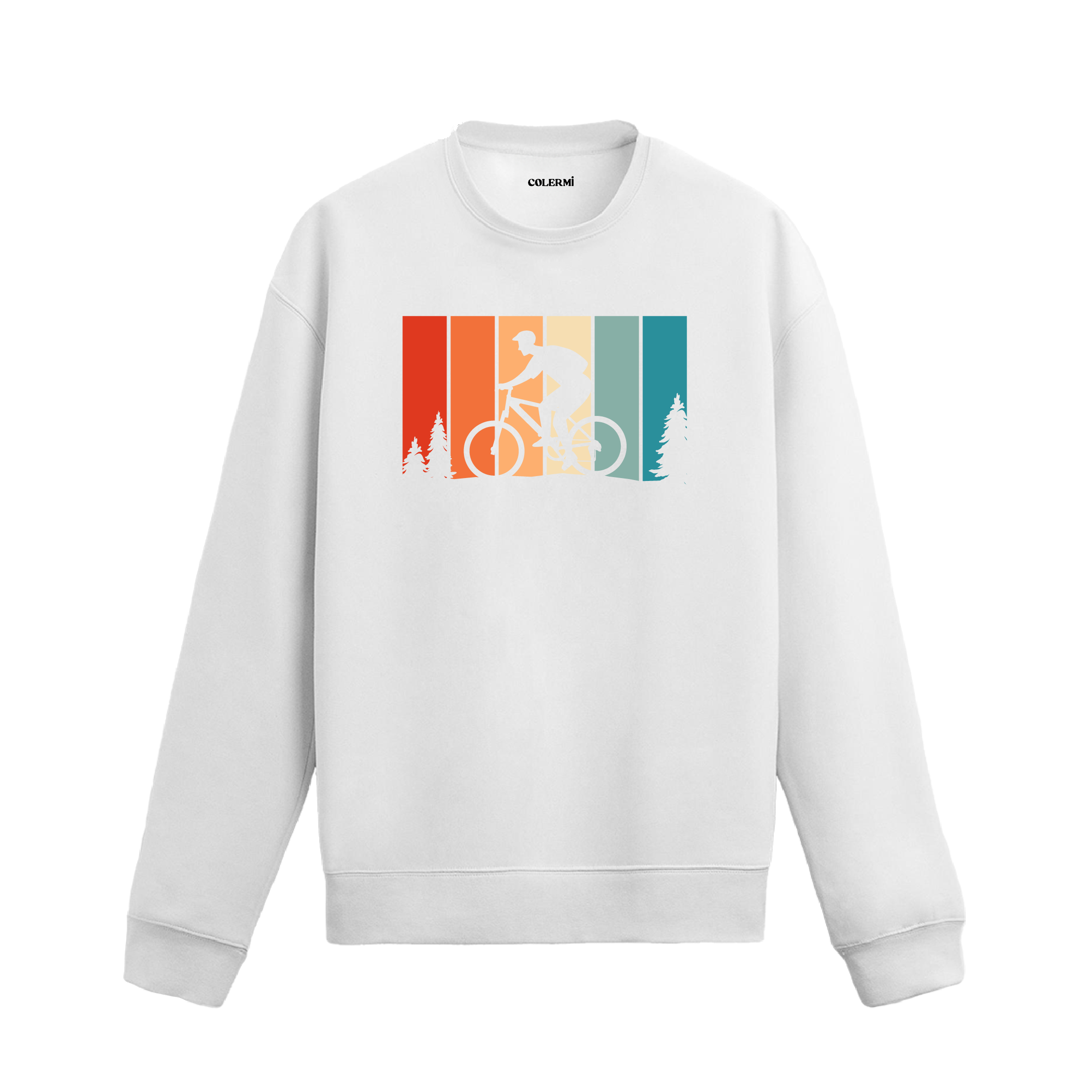 Retro bisikletçi baskılı, dağ bisikleti figürü ve ağaç detaylı sweatshirt.