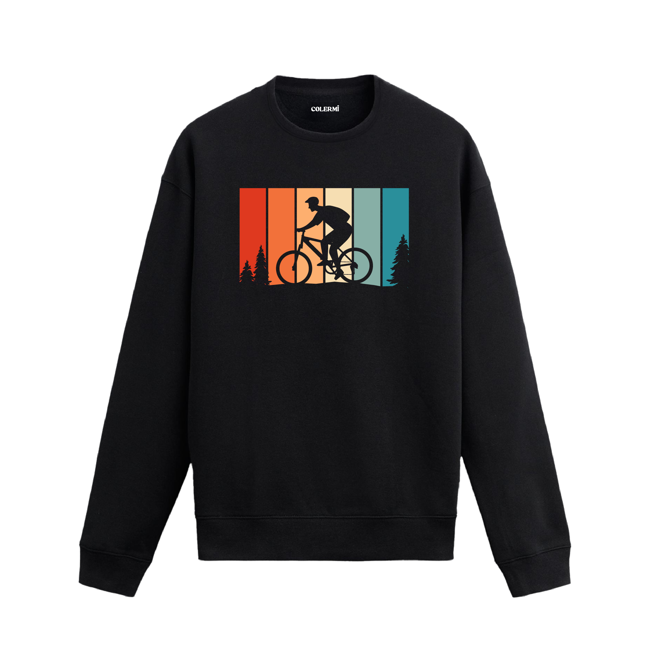 Retro bisikletçi baskılı, dağ bisikleti figürü ve ağaç detaylı sweatshirt.
