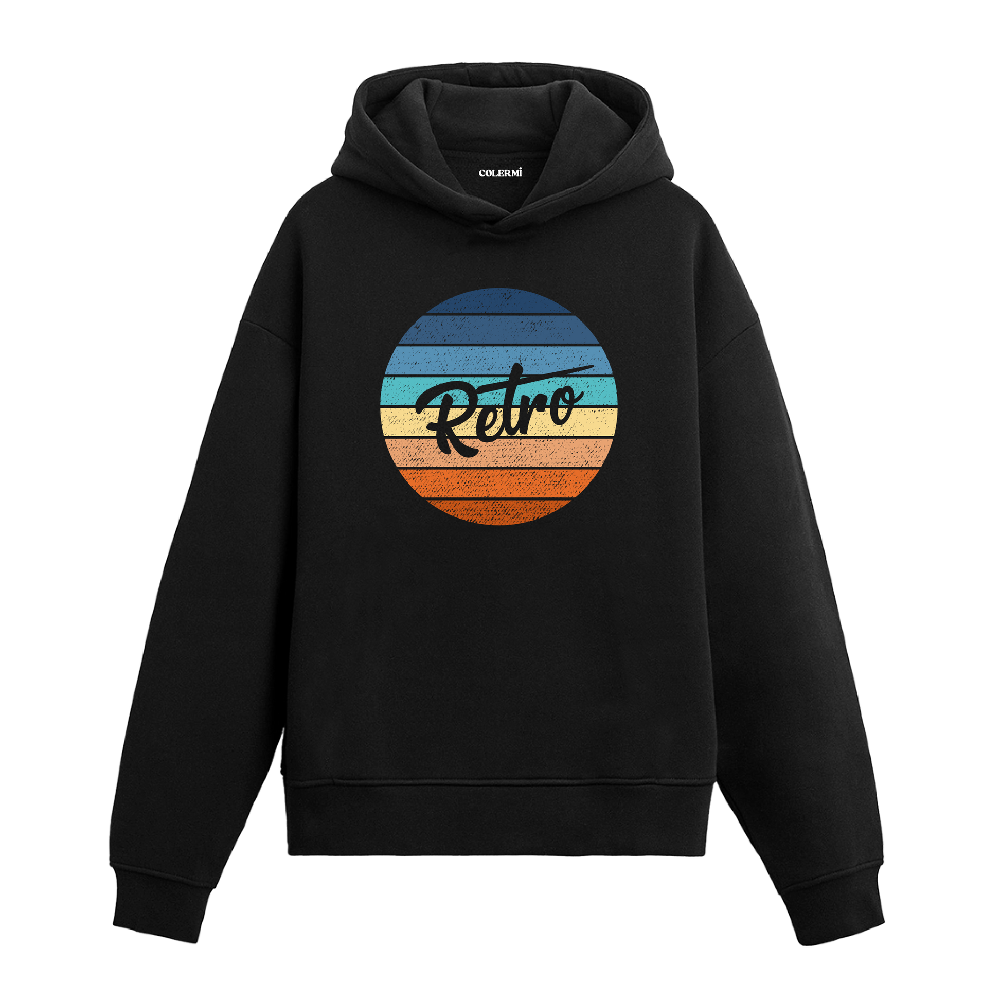 Retro yazılı siyah hoodie – renk geçişli minimalist tasarım