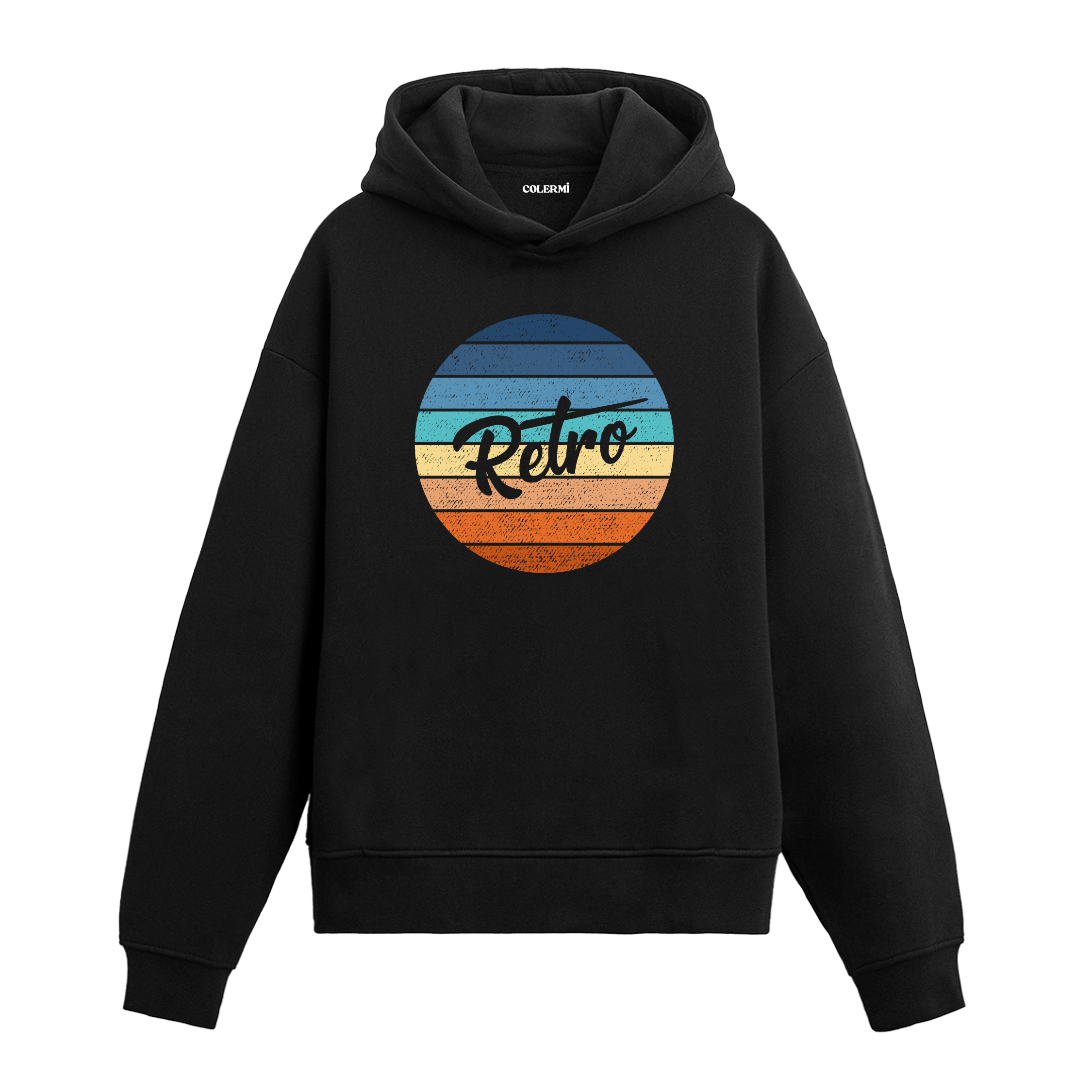 Retro yazılı siyah hoodie – renk geçişli minimalist tasarım