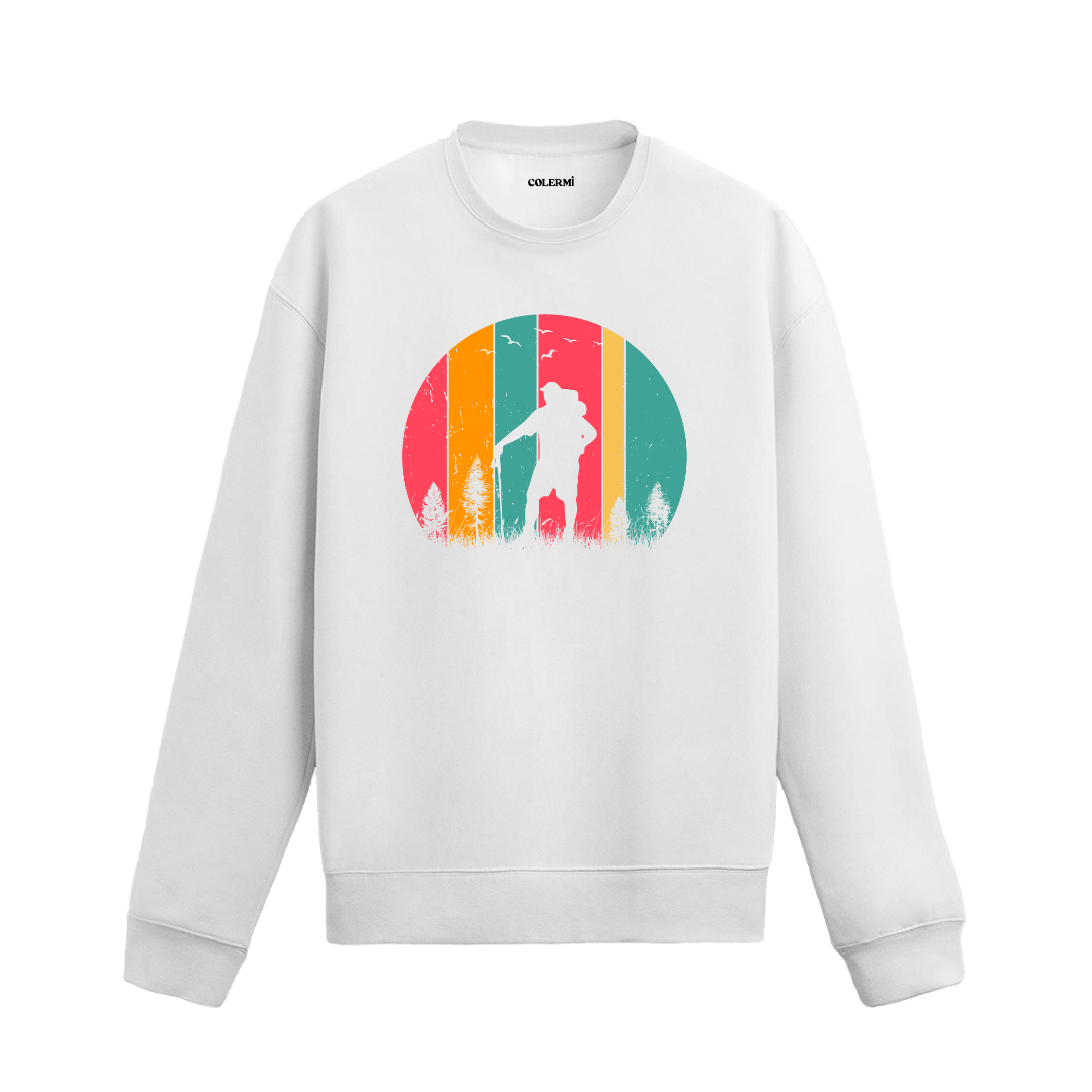 Retro renklerle doğa yürüyüşü yapan figür tasarımlı siyah sweatshirt.