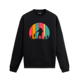 Retro renklerle doğa yürüyüşü yapan figür tasarımlı siyah sweatshirt.