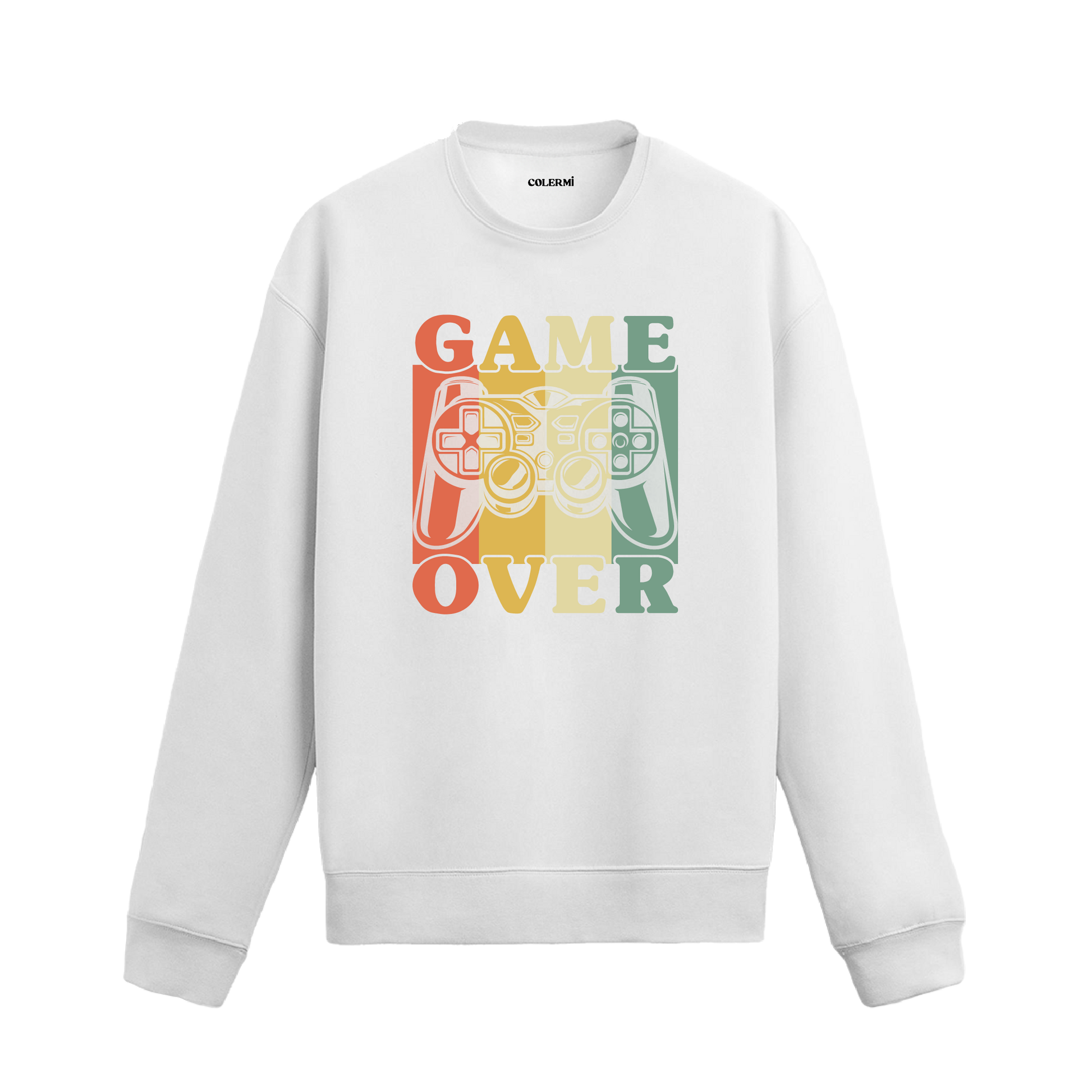 Retro oyun kumandası ve “Game Over” yazılı sweatshirt.