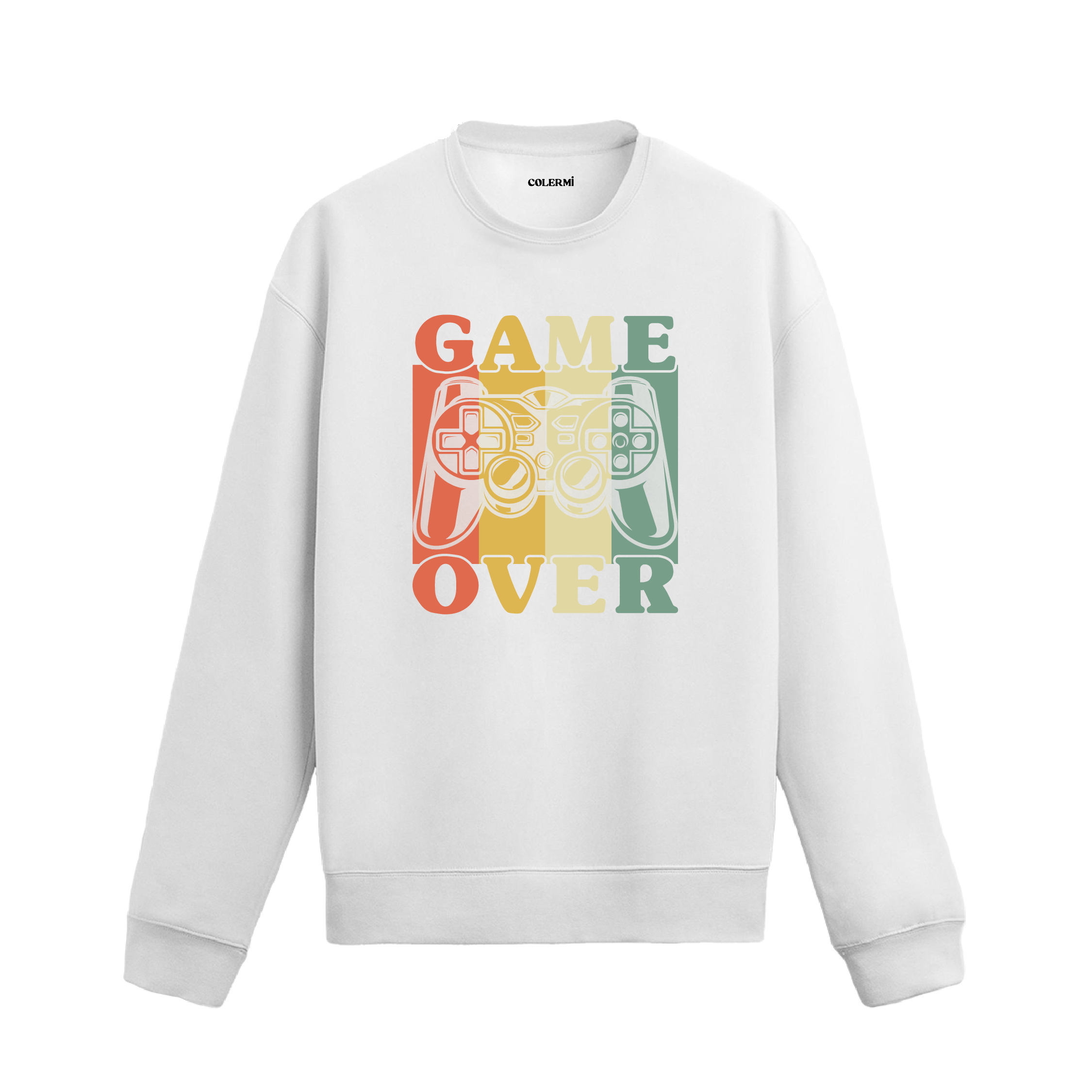 Retro oyun kumandası ve “Game Over” yazılı sweatshirt.